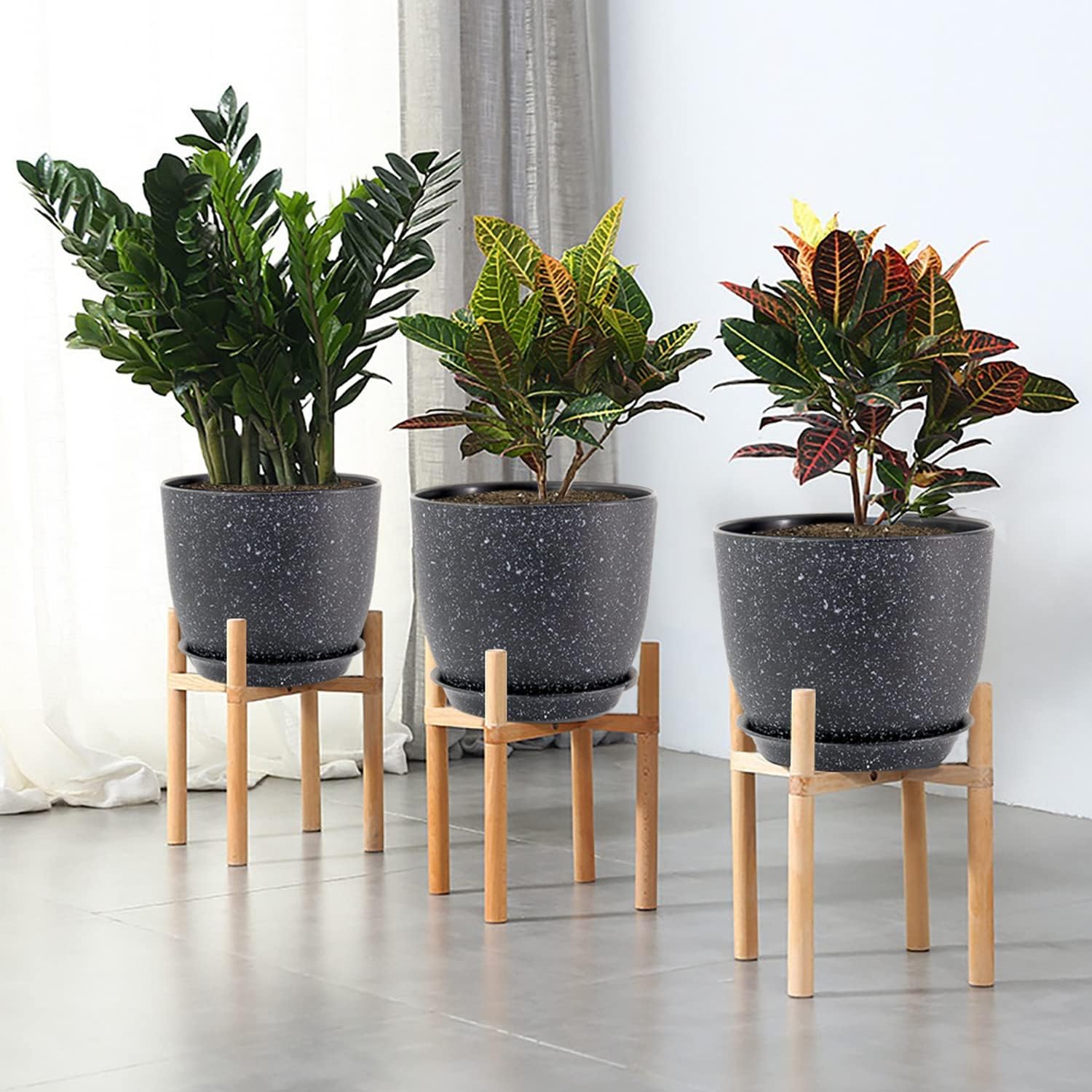UOUZ 12/10/9 Large Modern Plant Pots, Plastic Planters with Drainage Holes and Saucers for Indoor Outdoor Plants Flowers, Black Speckles