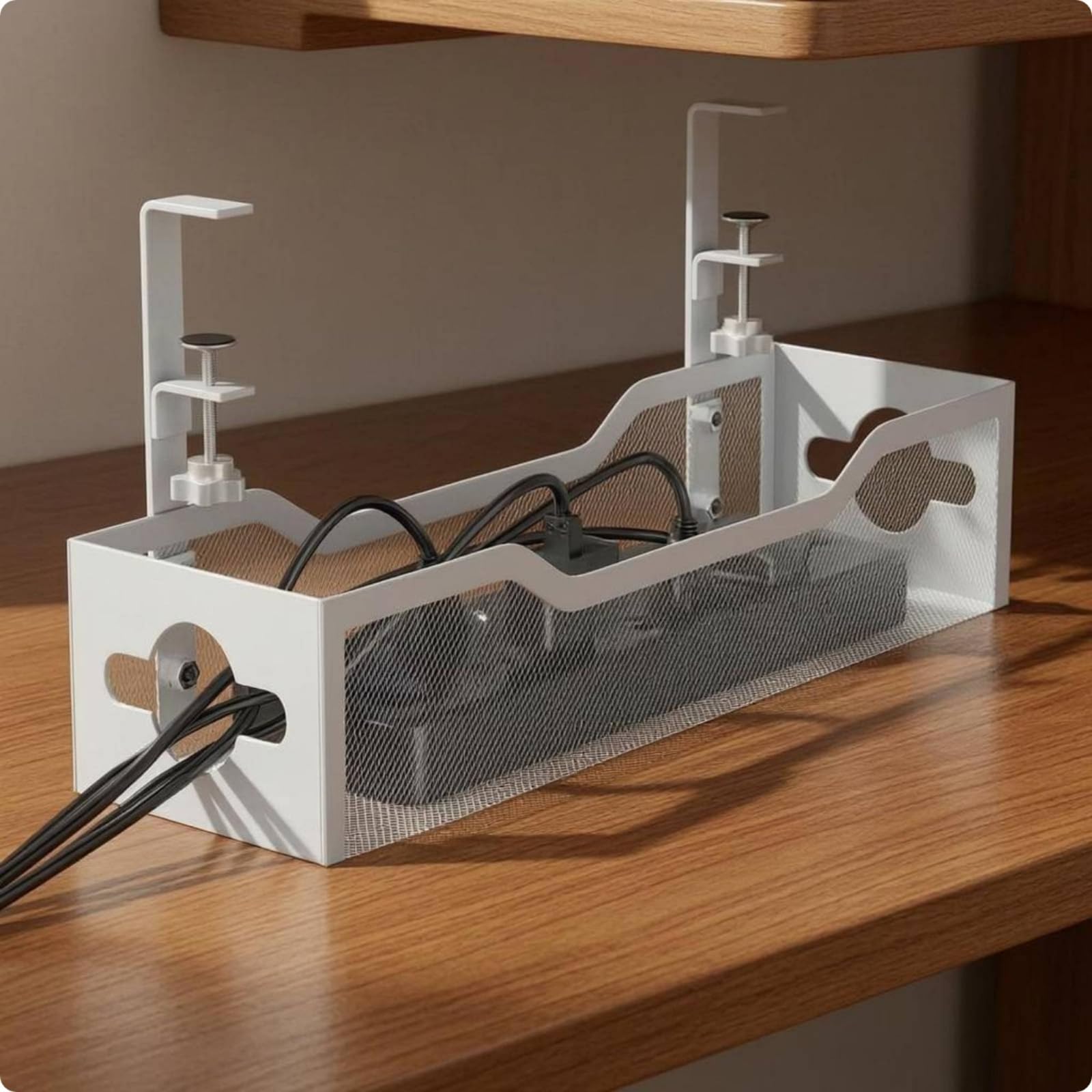 Organizador de Cables de Escritorio Bandeja Soporte Gestor Caja Sujeción Firme con Abrazadera y Ocultación de Regletas y Cables Sueltos Adecuado para, Negro, Actualizado Reforzado