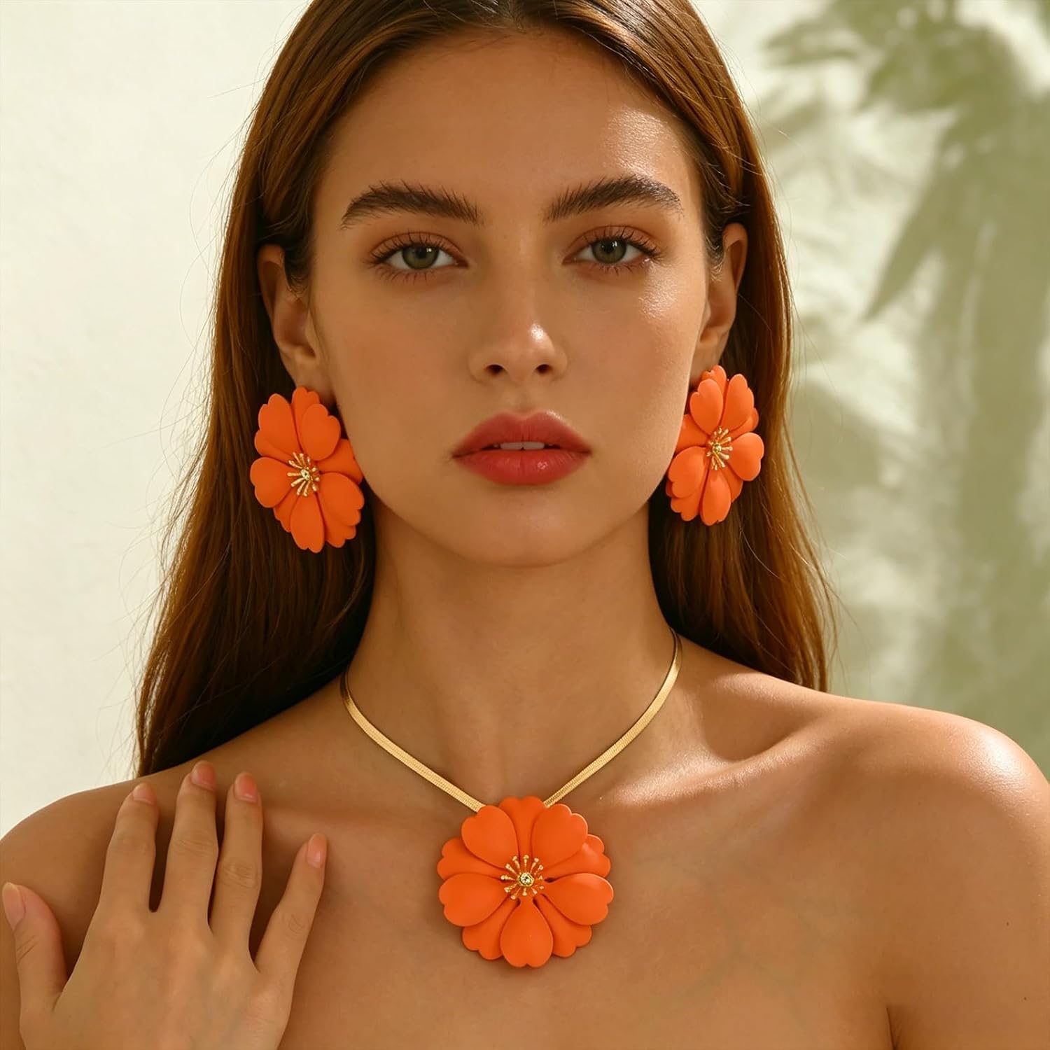 WCRAZYE Gold Flower Necklace Earring Set for Women Bohemian Red Flowers Floral Statement Earrings Snake Chain Necklace Elegant Bridal Wedding Summer Beach Jewelry