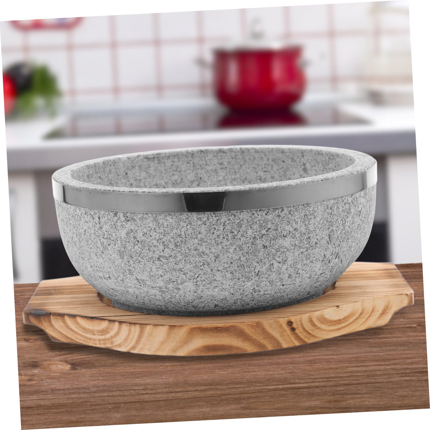 PRETYZOOM Bol Coréen en Pierre Naturelle 7,70 po – Chaleur Retenue Efficacement pour Bibimbap & Soupes Coréennes – avec Plateau en Bois Carbonisé pour Cuisine Traditionnelle & Restaurants