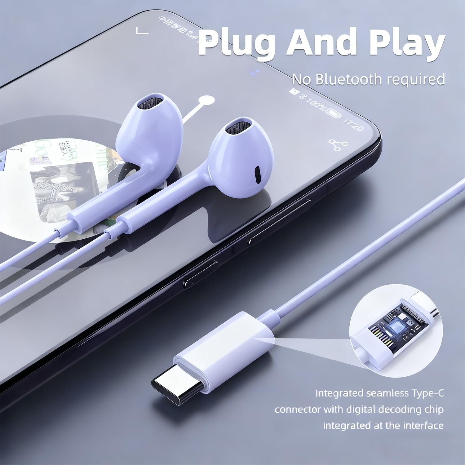 2 Packs USB C Headphones for iPhone 17/16/15, Noise Reduction Built-in Mic & Volume Control Headsets, Type C Earphones for Galaxy S24/S23/S22/S21/S20/Ultra Note 10/20, for Pixel 8/7/6/6a/5/4,Lavender — view 7