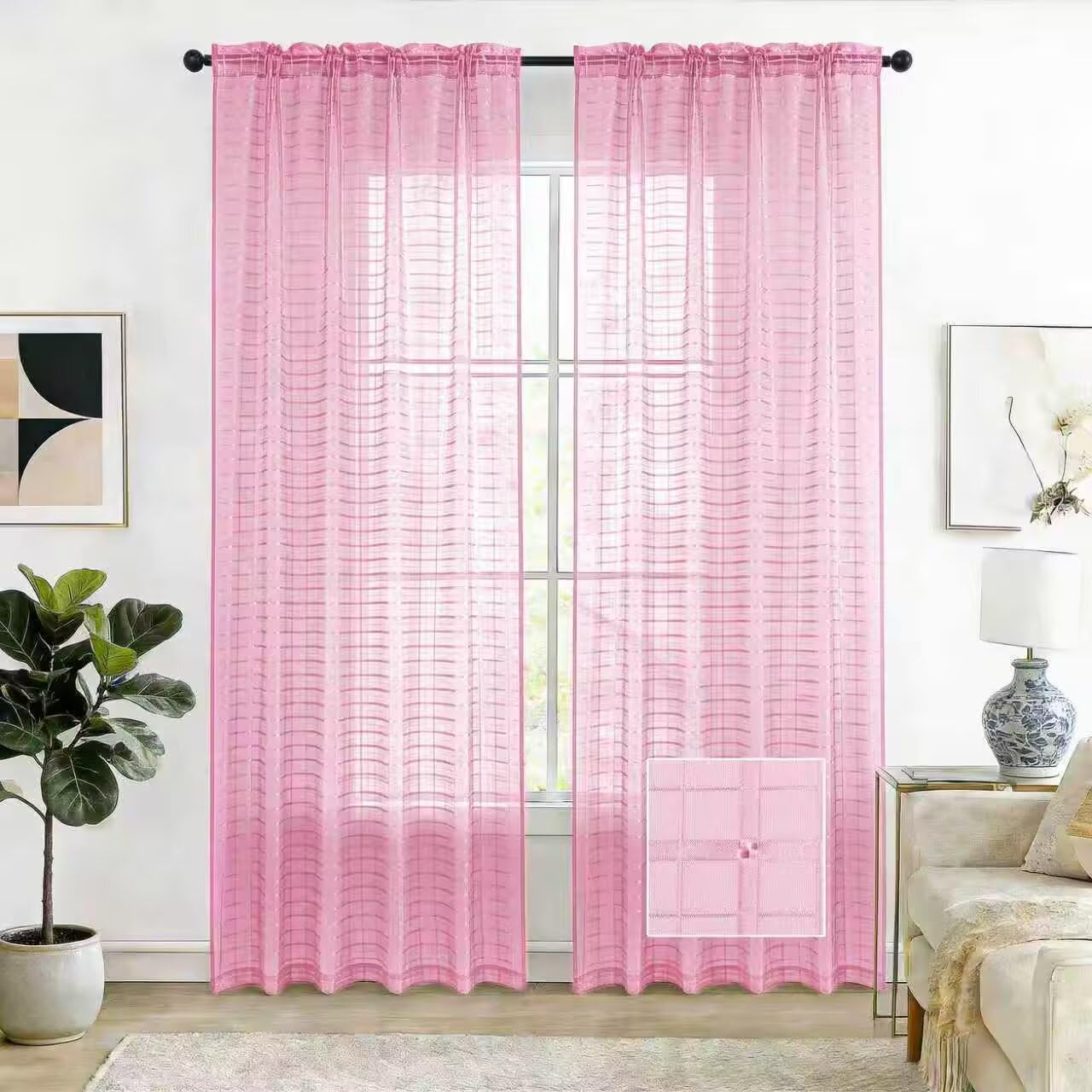SpaceDresser Check Sheer Curtains 63 Inches 2 Panels Set, Rod Pocket Plaid Window Curtain for Living Room, Pink Semi Sheer Drapes for Kitchen Bedroom Children Room Yard（Pink, 52W x 63L）