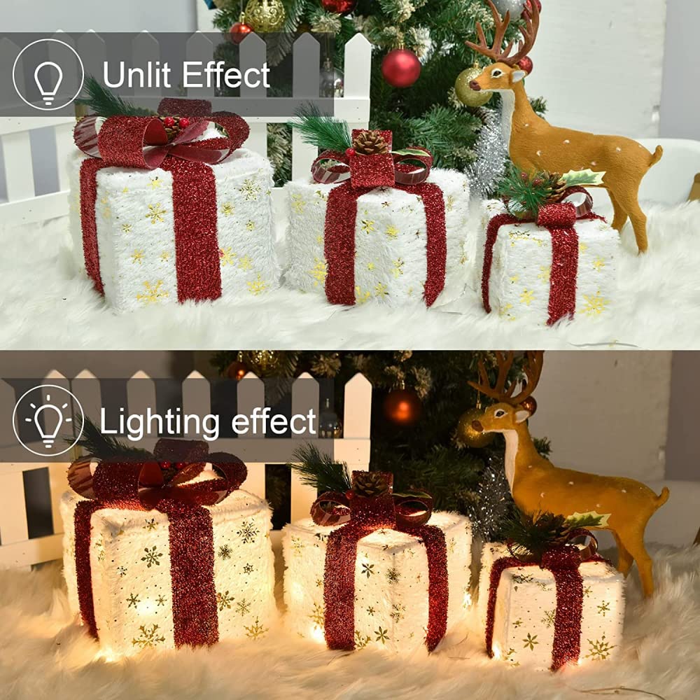 Cajas de regalo para Navidad, Juego de 3 cajas de regalo con iluminación navideña y adornos de cajas de regalo con luz LED de Papá Noel, 60 luces LED blancas cálidas for jardín