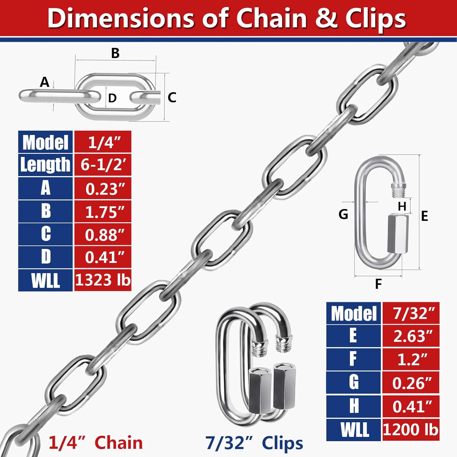 Stainless Steel Link Chain, Ekunbuy 304 Stainless Steel Link Proof Coil Chain Heavy Duty Safety Chain Tow Chain with Quick Link 1/4 Inch Lifting Chain Hanging Swing Trailer, 1300 lbs Load