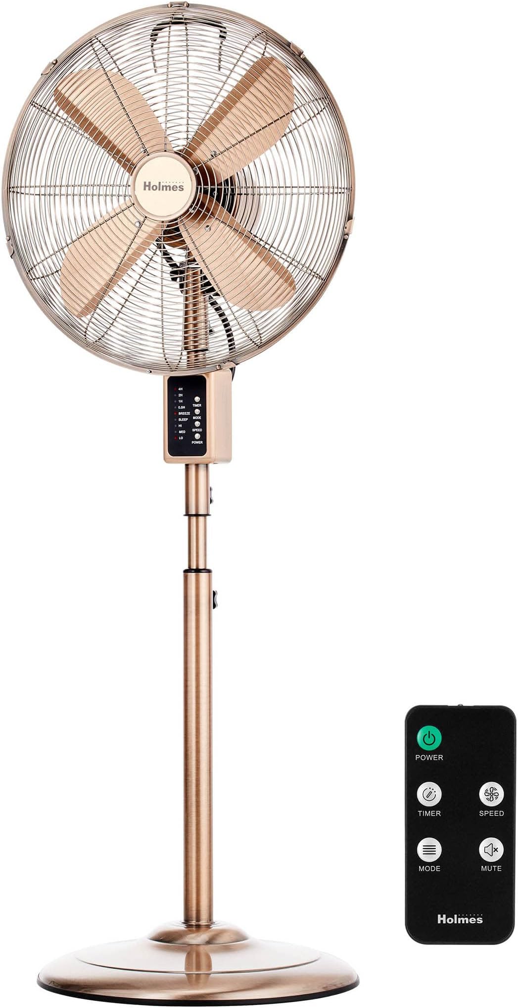 Holmes 16" Copper Digital Metal Stand Fan, 75° Oscillation, 3 Speeds, 4 Blades, 3 Modes, 7.5-Hour Timer, Adjustable Height, 20° Head Tilt, Ideal for Home, Bedroom or Office, Remote Control
