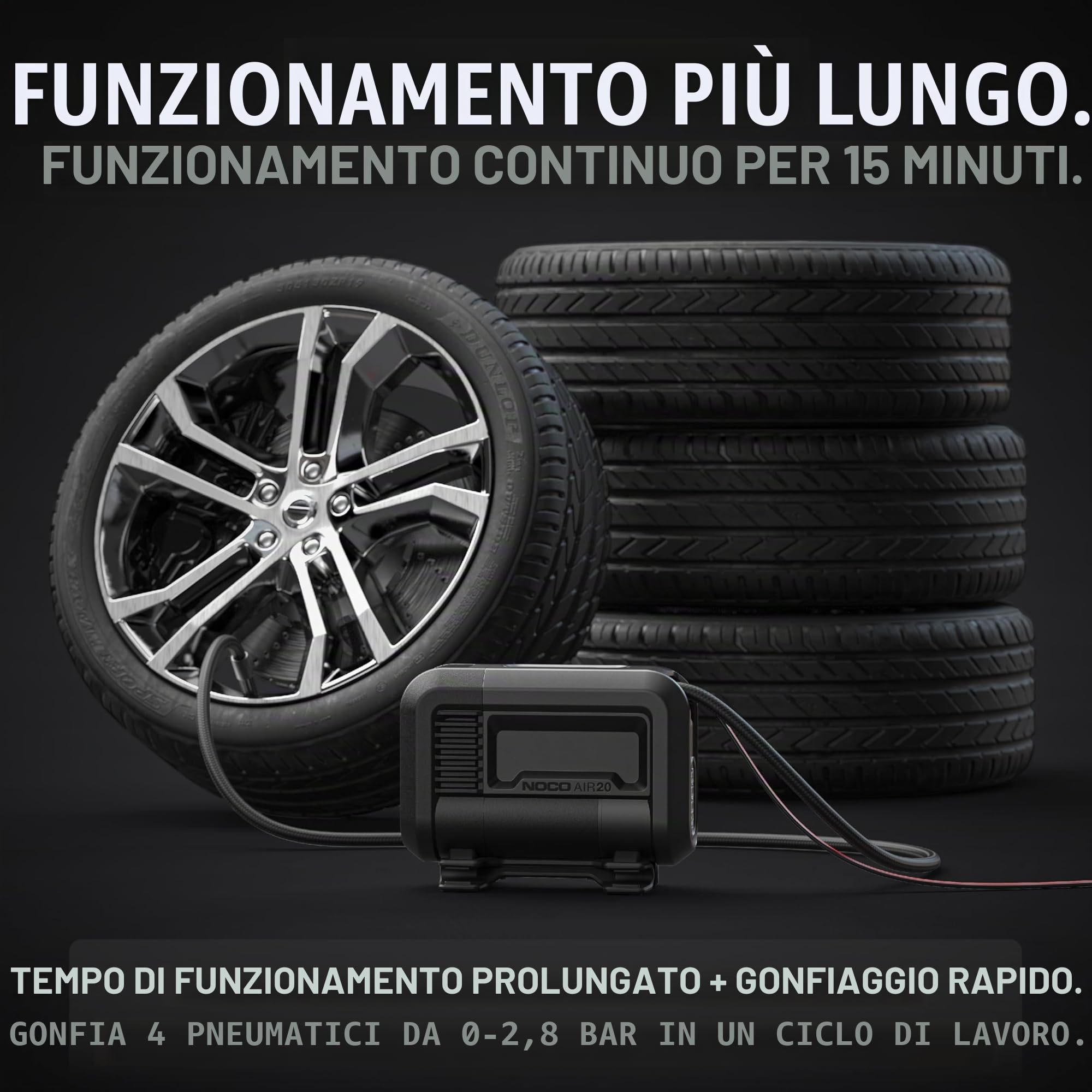 NOCO AIR20: Gonfiatore per Pneumatici da 20A – Compressore d’Aria Portatile 12V – Portata 47 SLPM, da 0 a 40 PSI in 2,5 Minuti – Manometro Digitale + Spegnimento Automatico