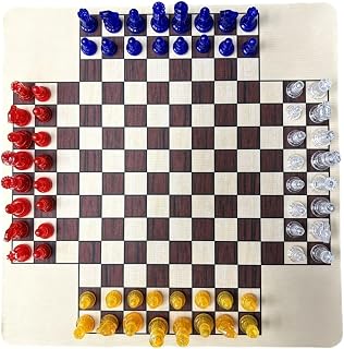 Multiplayer Chess Game Board Set Strategy Tabletop Acrylic Chess Pieces for Three People Compact Suitable for Family Time Social Occasions, 4P Wood Grain