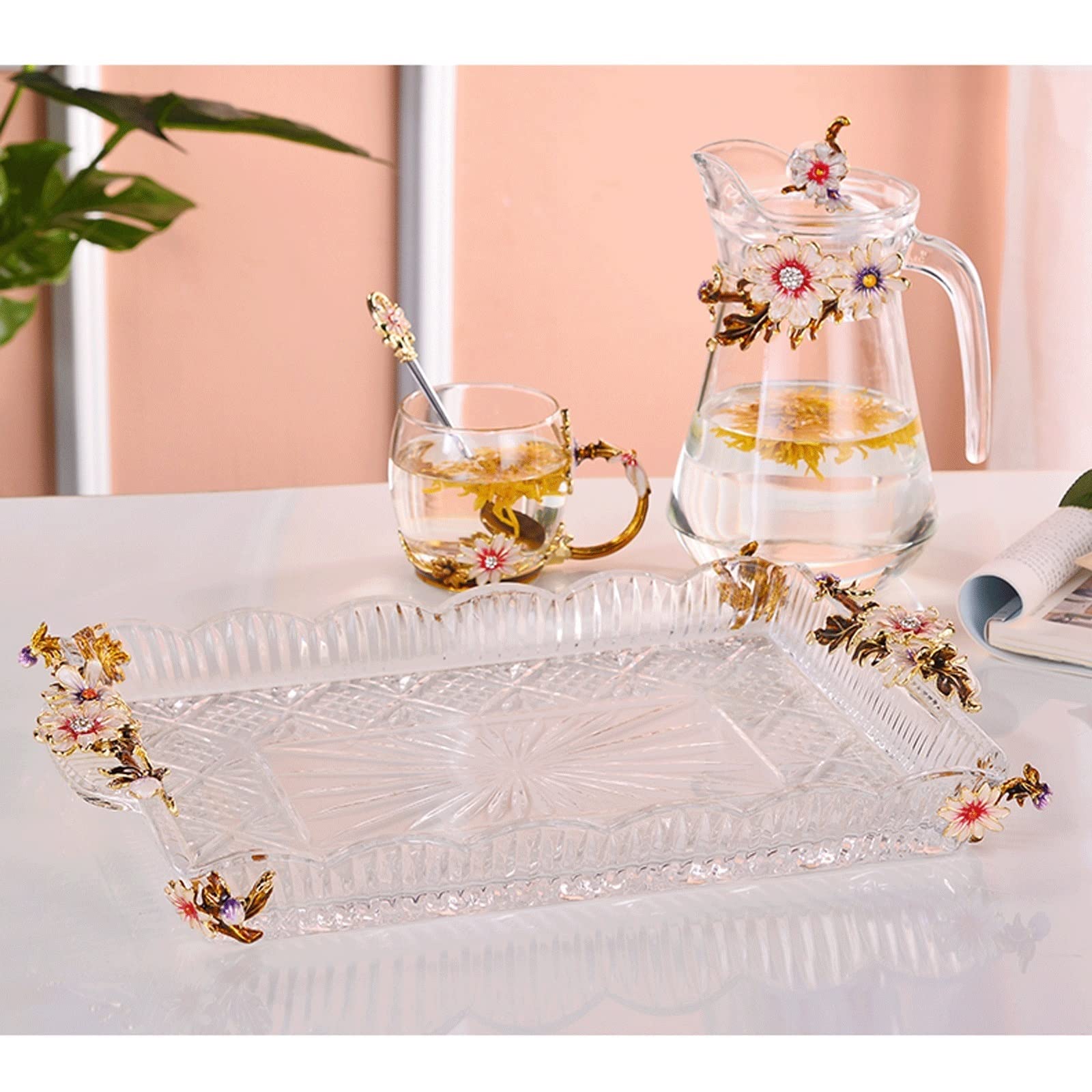 Bandeja Platos de Cristal Bandeja Servicio Rectangular con Asa Decorativa Baño Bandejas para Servir Comida(B)