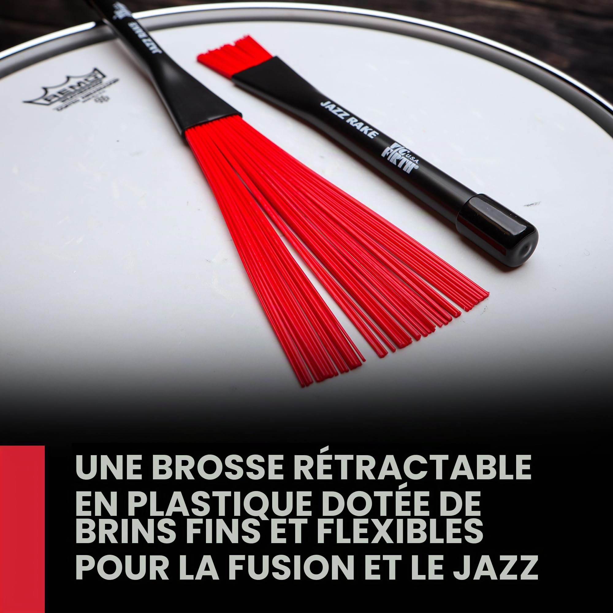 Vic Firth Balai de Jazz, Poils Escamotables Rouges, Manche en Plastique