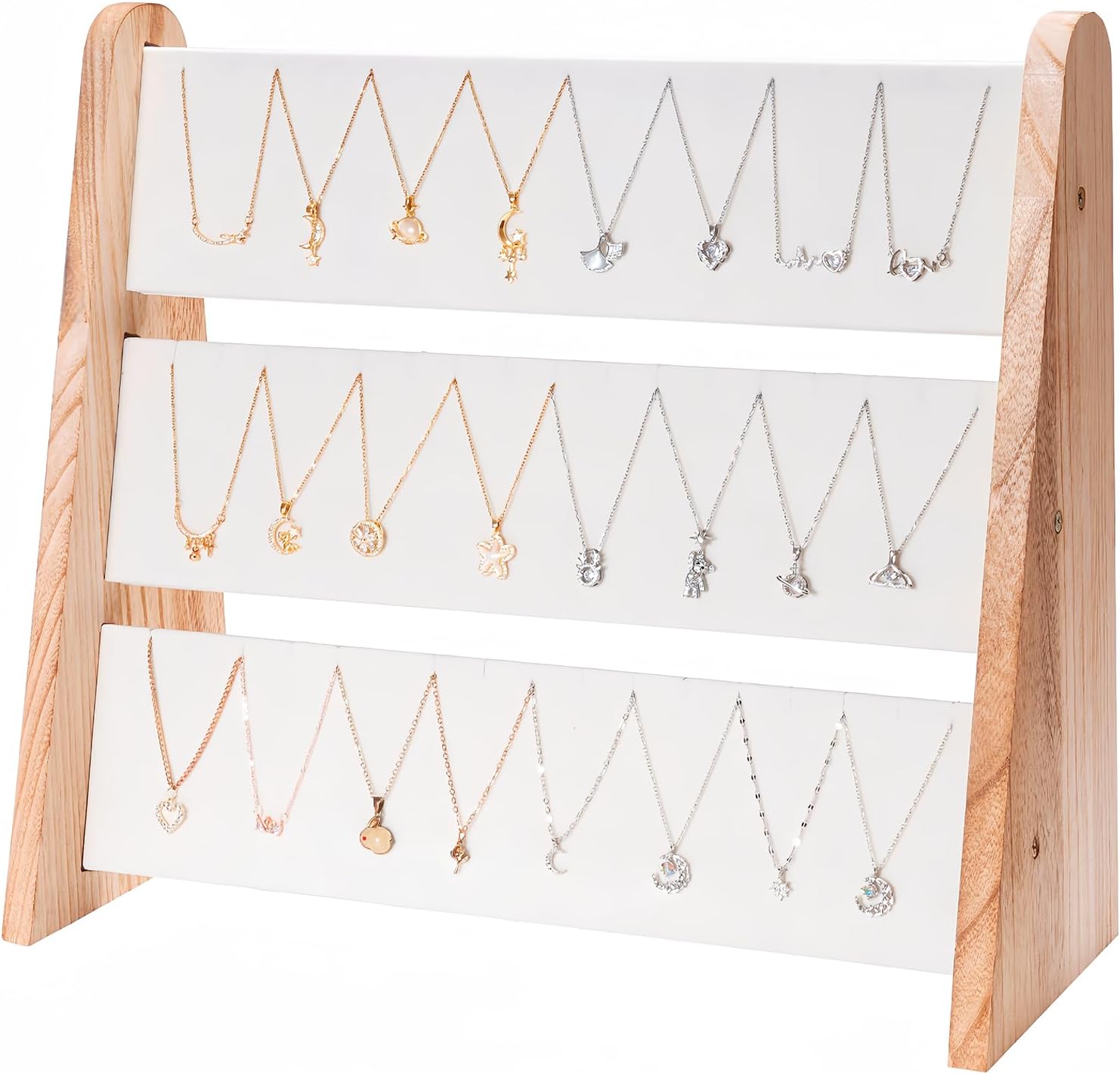 Necklace Holder 3 Tier Wood Necklace Organizer Stand with White Velvet, Necklace Display Stand for Selling, Chain Necklace Holder Rack for Show, 72 Necklaces Bracelets