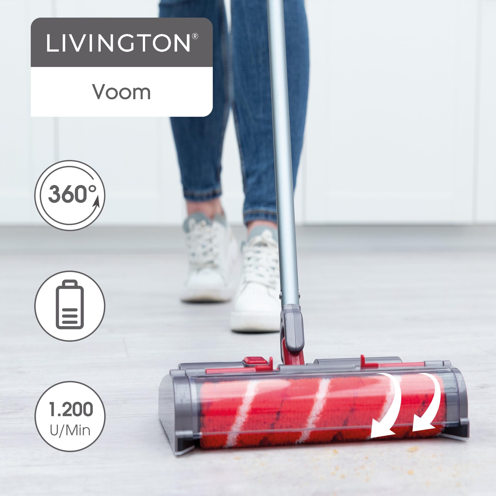 Livington Voom - Turbo Akku-Besen - elektrischer Akkubesen kabellos - Akku Kehrer mit selbstreinigender Bürstenrolle - Elektrobesen für Hartböden, Teppiche & Fliesen - für eine gründliche Reinigung