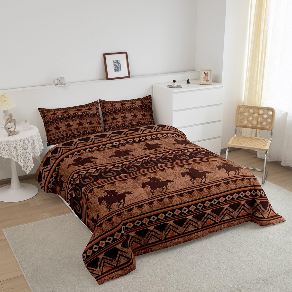 Feelyou Western Decor - Juego de edredón tamaño matrimonial con diseño de caballo, juego de ropa de cama azteca nativo del suroeste, juego de ropa de cama retro, exótico, bohemio, decoración de