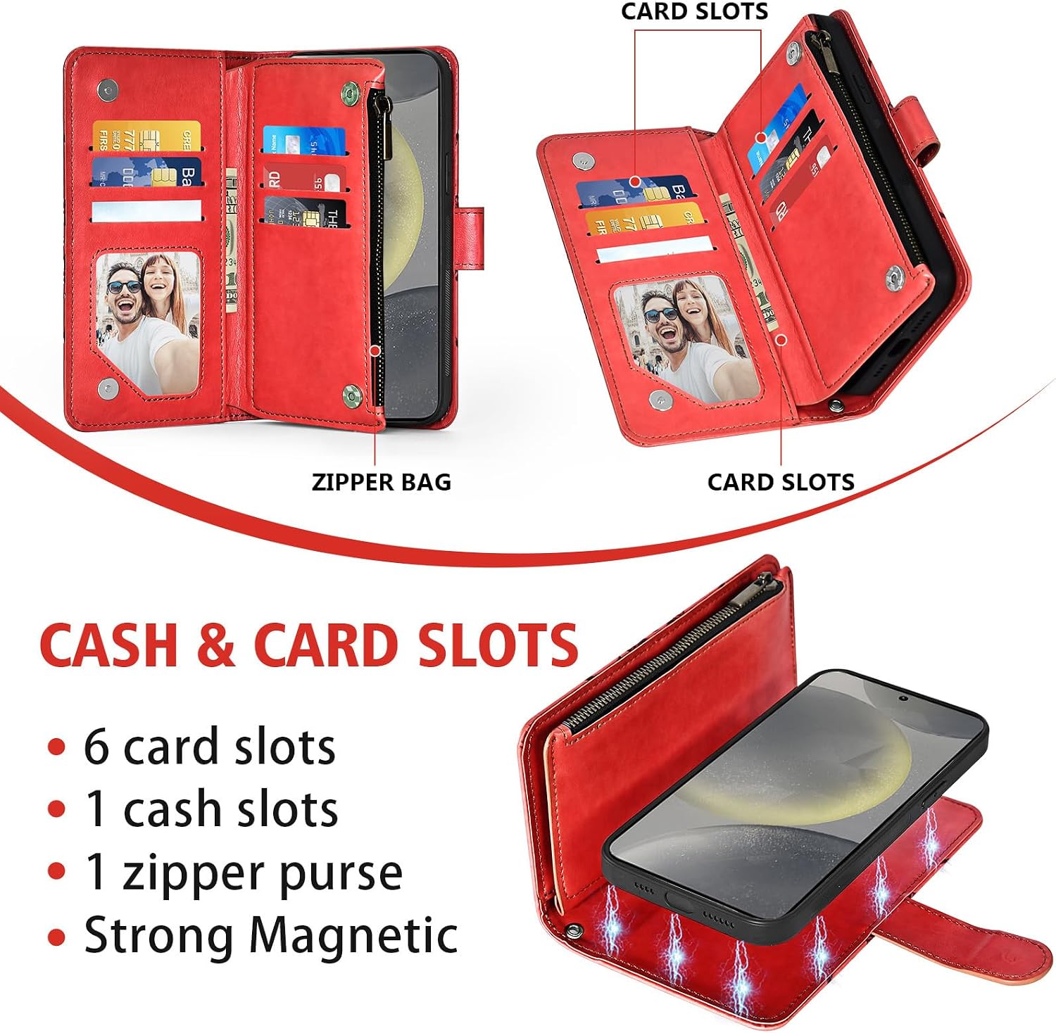Asuwish Phone Case for Samsung Galaxy S24 5G Zipper Wallet Magnetic Detachable Cell Cover with Tempered Glass Screen Protector Crossbody Lanyard Strap Flower Card Holder S 24 24S G5 SM-S921U Women Red