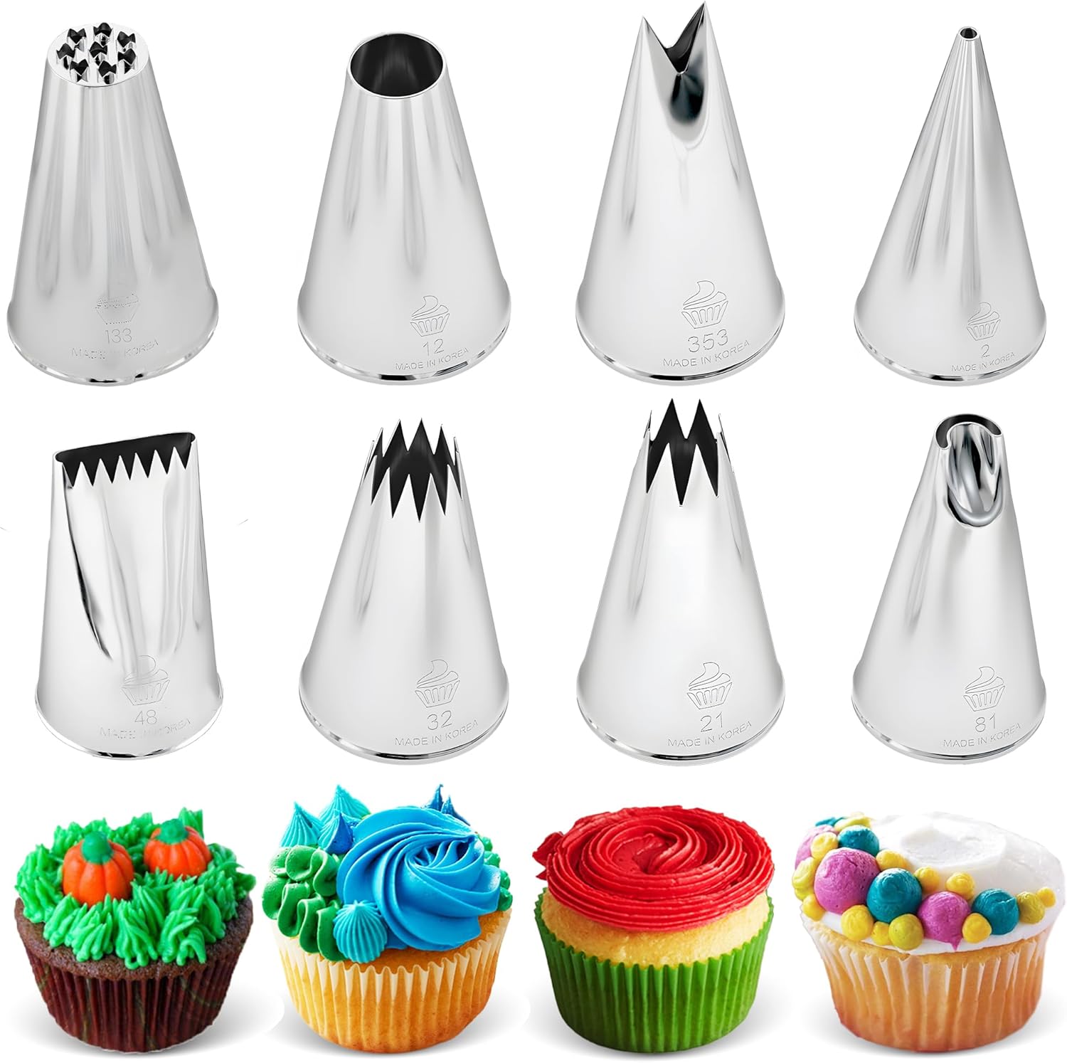 Professional Pastry Kit (8 pieces): Reusable Pastry Bag + 5 XL Nozzles (849, 869, 829, 808, 232), for decorating Cupcakes, Cakes, Churros - Made in Korea & Japan