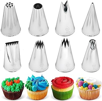 Set of 8 Professional Pastry Nozzles (#2, 32, 21, 12, 81,352, 133, and 48) for Pastry Sleeves - Decorating and Making Cupcakes, Cakes, Churros, Made in South Korea