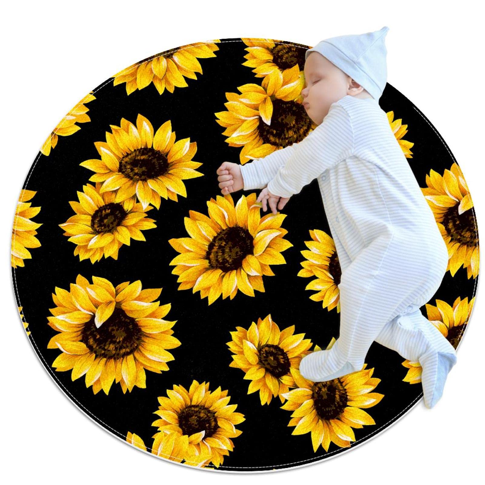 Tapis de salle de bain antidérapant rond 1m avec motif tournesol jaune