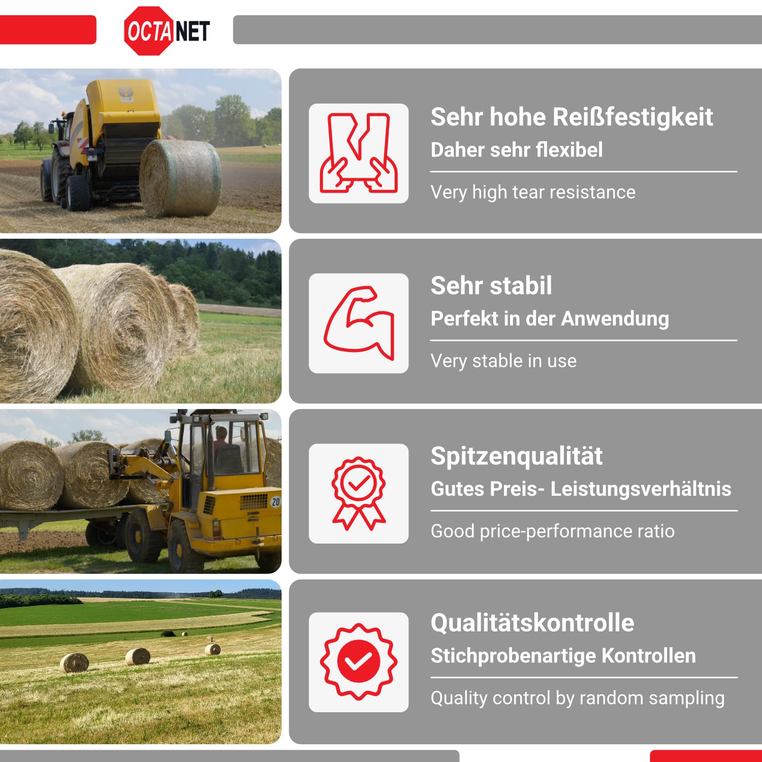 DLG geprüftes OCTAnet Wickelnetz comfort für Rundballen | 1,30 x 3000 m | UV-beständig und reißfest | Brennholznetz | Rundballennetz | Heunetz | Pressennetz