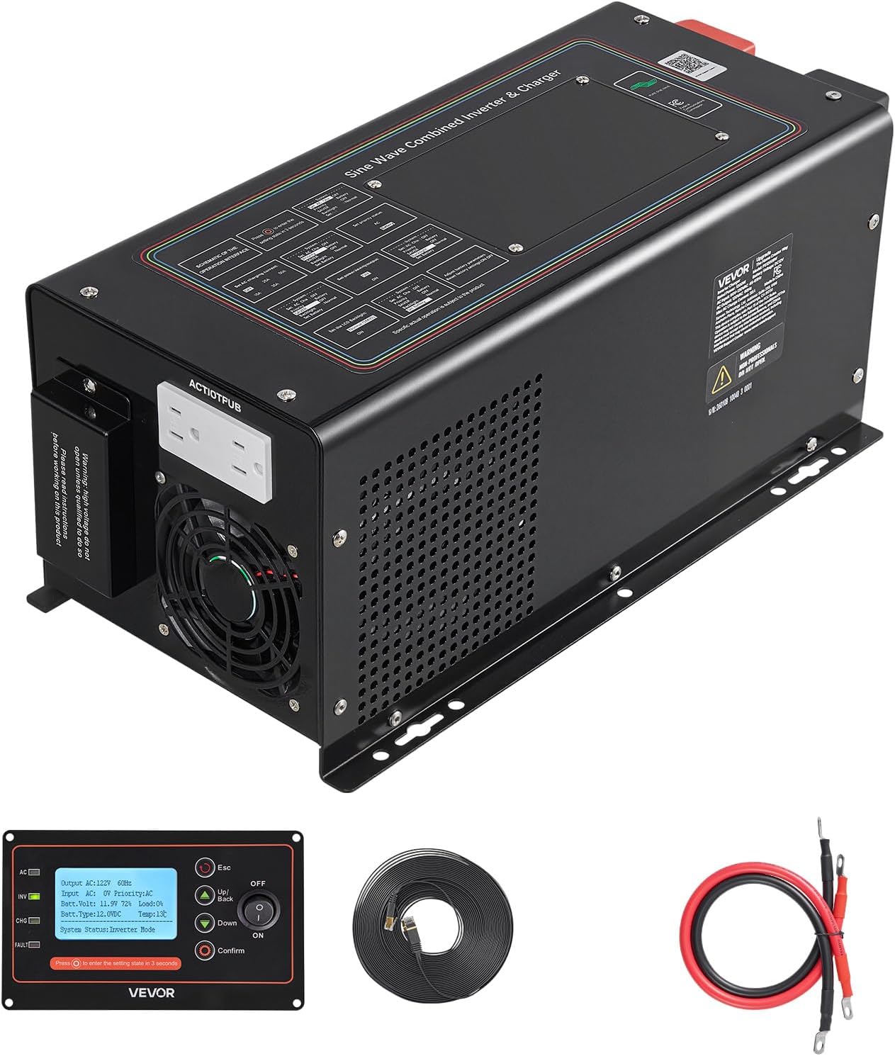 VEVOR Pure Sine Wave Inverter Charger, 1200W, DC 12V to AC 120V Power Inverter with LCD Display, Remote Control, Low Frequency, for RV Camper Home, Compatible with 12V LiFePO4 Lithium Batteries