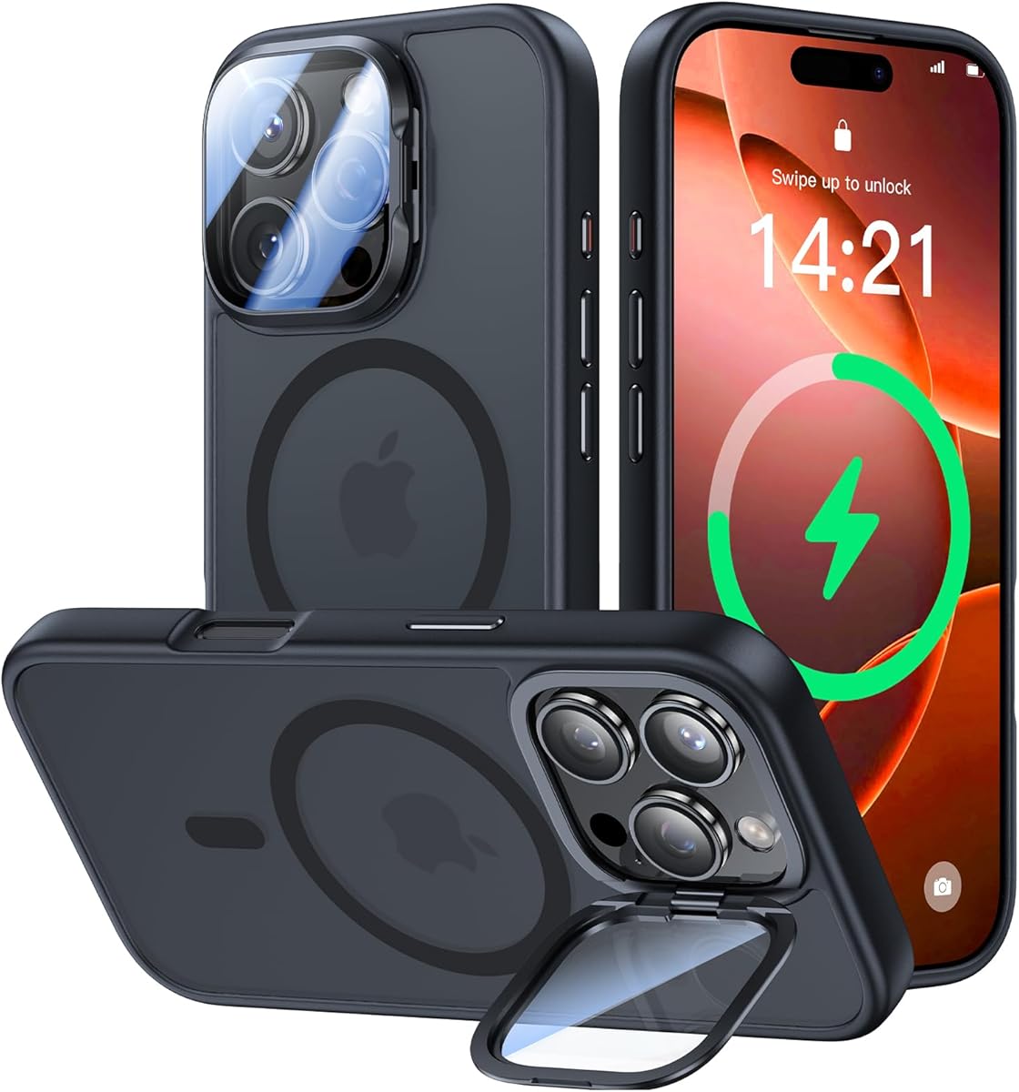 [Upgraded] for iPhone 16 Pro Max Case with Camera Cover Stand [Fit for MagSafe][9H Camera Lens Protector] Mil-Grade Protection Translucent Magnetic iPhone 16 Pro Max Phone Case, Black