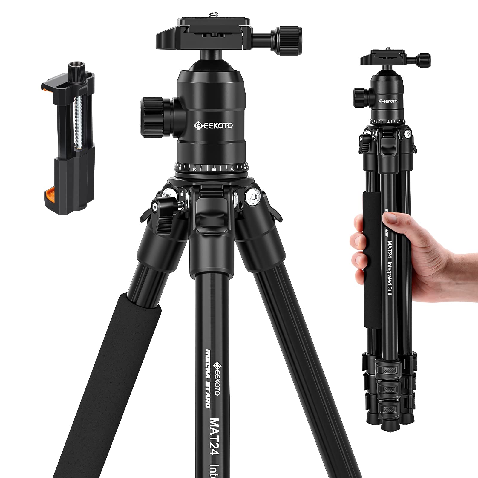 GEEKOTOCamera Tripod:Travel Tripod for DSLR, 63" Aluminum Tripod with 360° Ball Head-phone holder and 1/4 Inch Quick Release Plate for Phone,Camera, Travel and Work Loads up 12KG