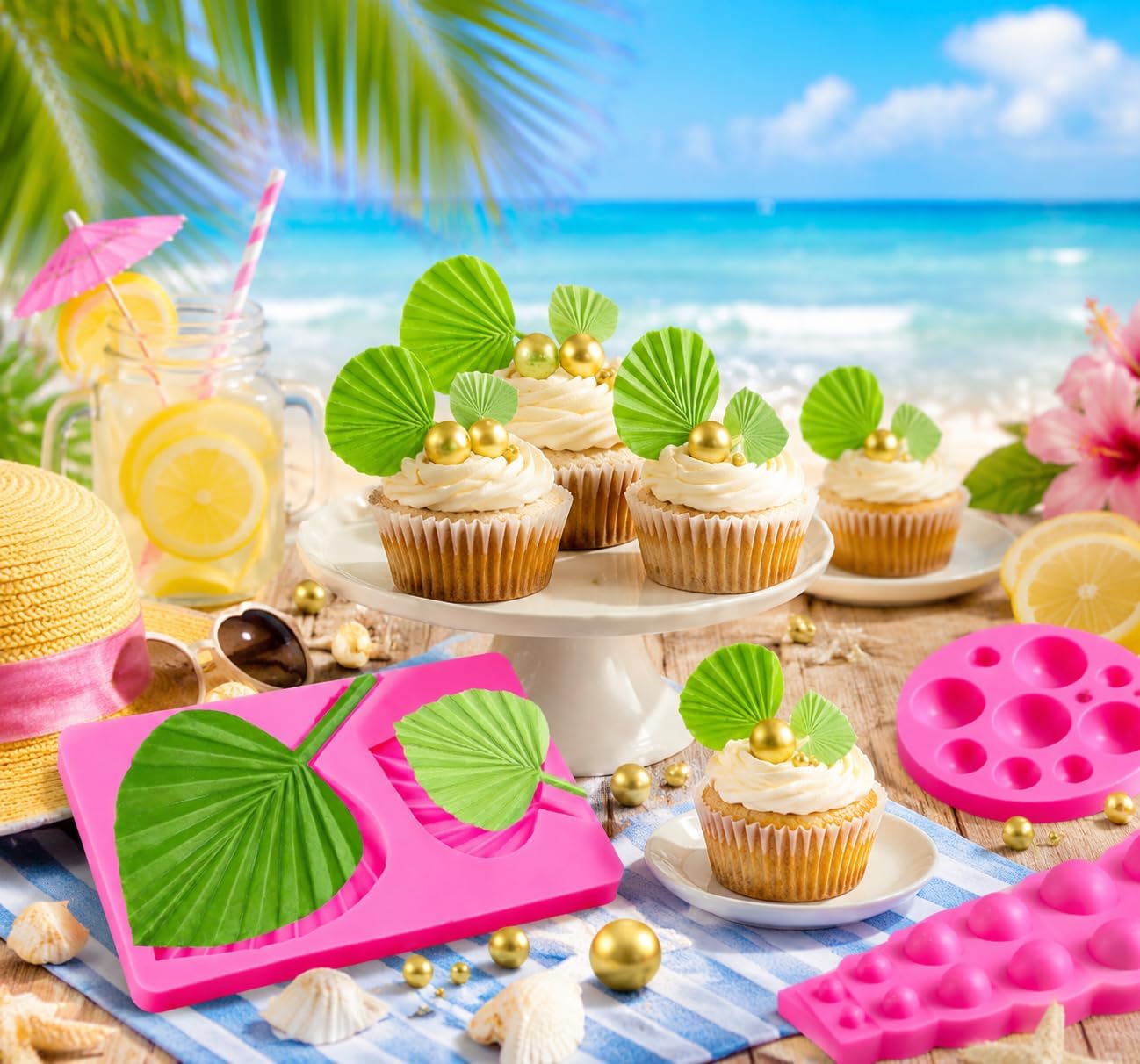 MEMOVAN Fan Leaf Silicone Mold 3D Pearl Fondant Mold 3pcs Boho Palm Leaf Cake Mold Semi Sphere Pearl Ball Silicone Chocolate Mold for Boho Theme Cake Decoration Candy Baking Fondant Gum Paste Molds