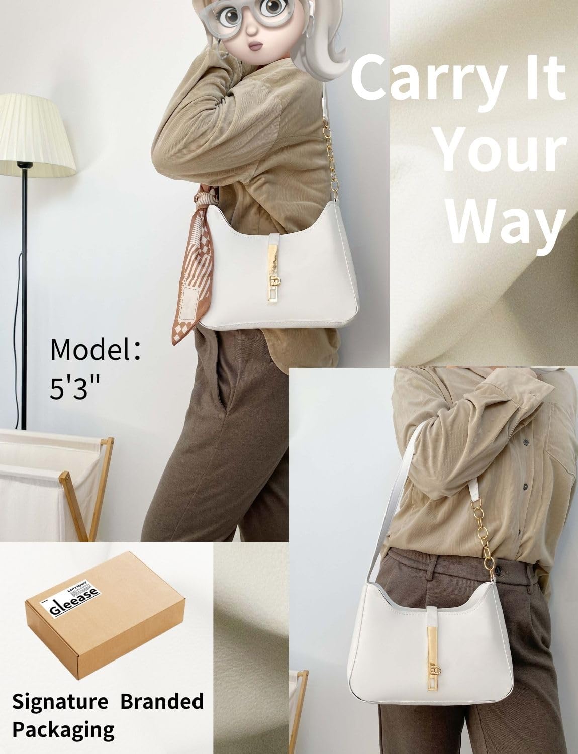 Small Purse for Women White Shoulder Bag Cute Hobo Leather Handbag Underarm Purses with Zipper Gold-Tone Bar Buckle - Image 4