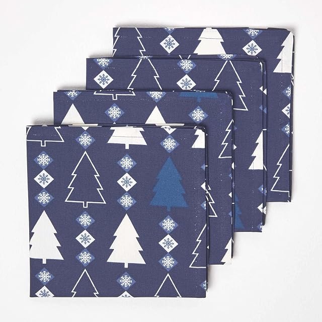 HOMESCAPES Set of 4 Blue Napkins Christmas Tree Pattern 45 x 45 cm 100% Cotton Christmas Winterland Blue & White Xmas Napkin Set