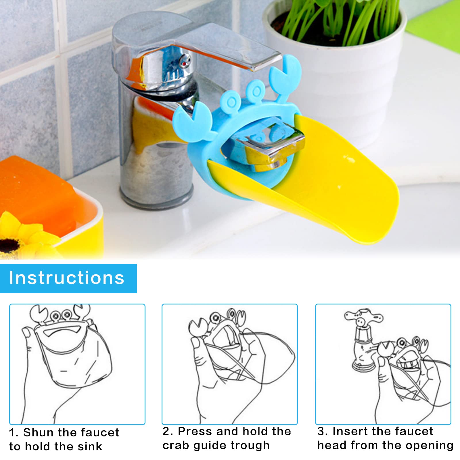 Extensor de Grifo para Niños 2 Piezas Cangrejo en Forma Extensor Grifo del Fregadero Extensor Grifo Silicona de Dibujos Animados para Bebés Cocina Baño Lavamanos Lavado de Manos, Azul + Rosa