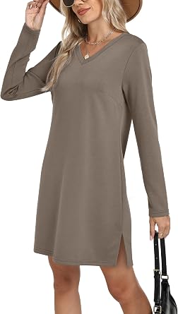 Sampeel Dresses for Women 2025 Casual Long Sleeve V Neck Tshirt Dress Side Split Fashion Fall Outfits