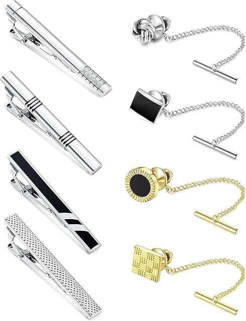 ADRAMATA 8Pcs Tie Clips for Men Tie Tack with Chain for Wedding Business Accessories Black Silver Gold Tone Tie Pin for Men