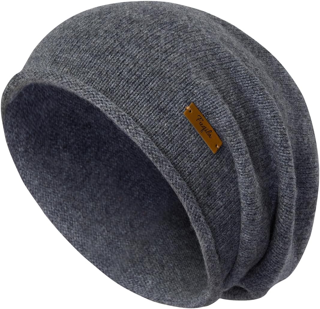 FUQILA 100% Merino Wool Slouchy Beanie Hat, Women Warm Winter Caps Soft, Ladies Breathable & Cozy Stretchy Knitted Skull Cap