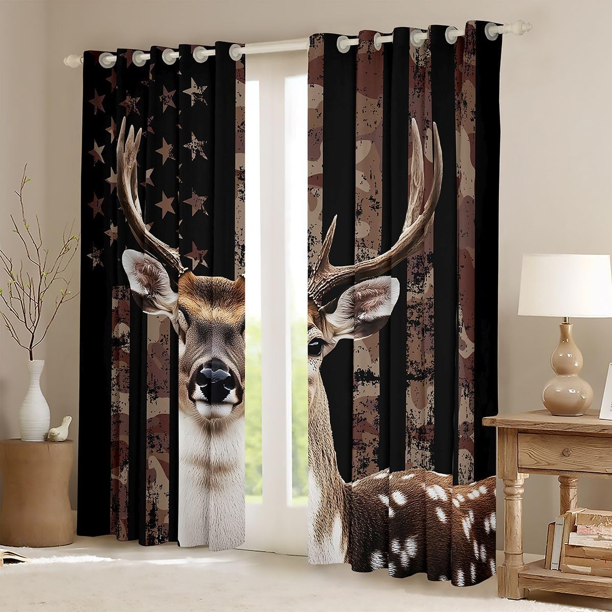 Feelyou American Flag Blackout Curtains Cute Deer Darkening Drapes for Bedroom Living Room Decor Deer Hunting Thermal Insulated Shades Antlers Window Treatments, 2 Panels 38 x 45 Inch