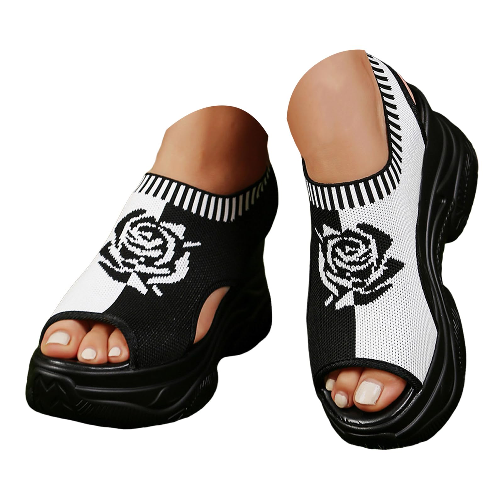 Women's Hollow Out Platform Wedge Sandals Knitted Mesh Breathable Peep Toe Sneakers Casual Comfortable Sandals for Women Summer Walking Shoes Athletic Sport Orthotic Sandal Slip Ons