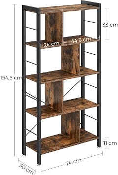 Vasagle Bookcase, 4 Level Office Shelf, Metal Frame, Vintage Brown - Black LBC12BX