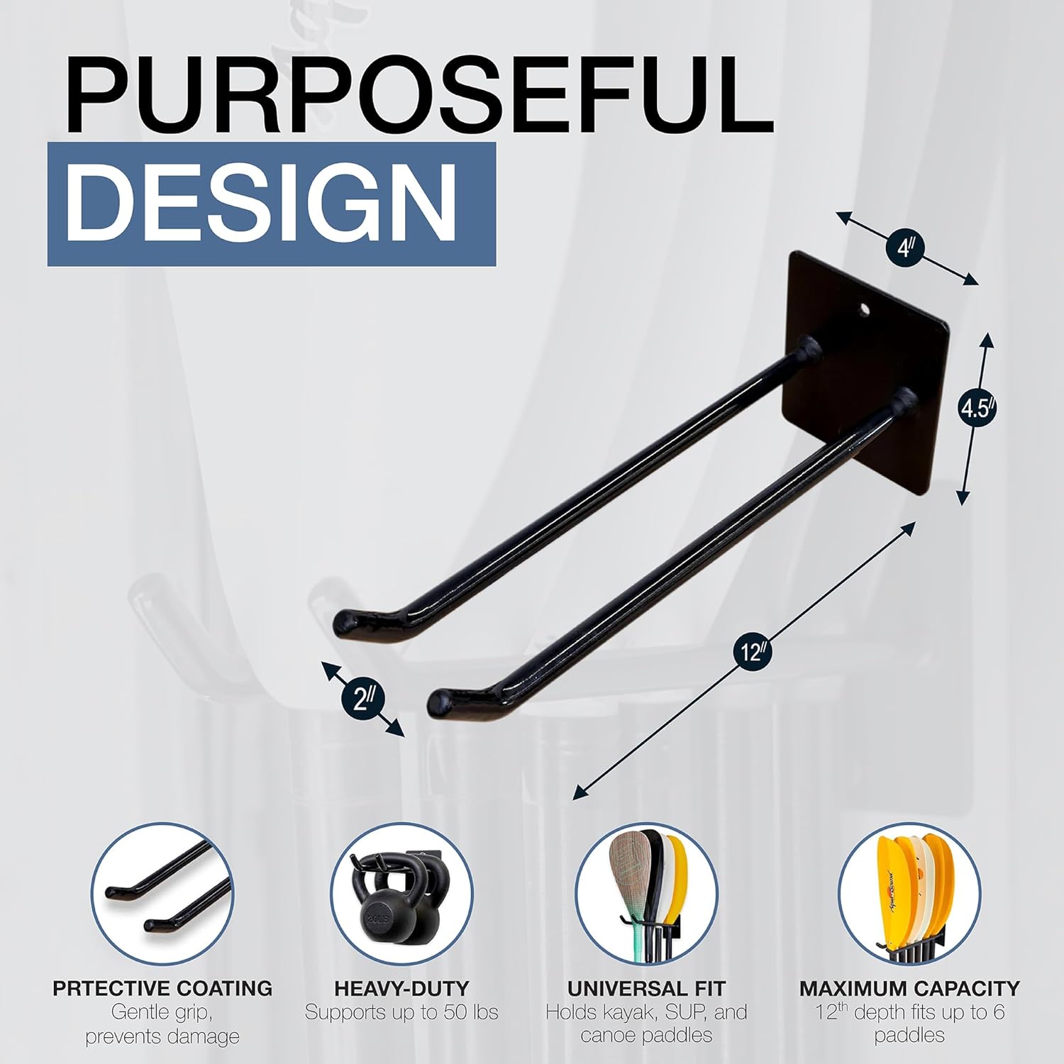Paddle Storage Wall Rack, Kayak, SUP, Canoe Paddles, Indoor Organizer, Solid Steel Hanging Hooks (Compact)
