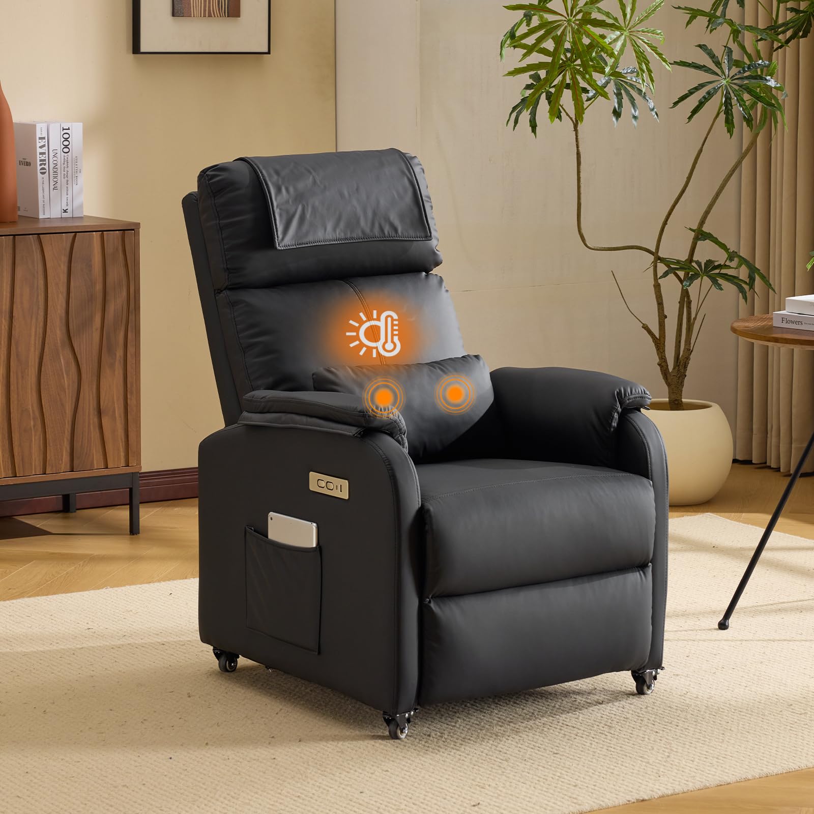 Bonnlo Fauteuil de relaxation, fauteuil de télévision, fauteuil de massage électrique avec fonction allongée, fauteuil TV, massage à 2 points et fonction chauffante, ports USB-C et USB-A, 1 poche