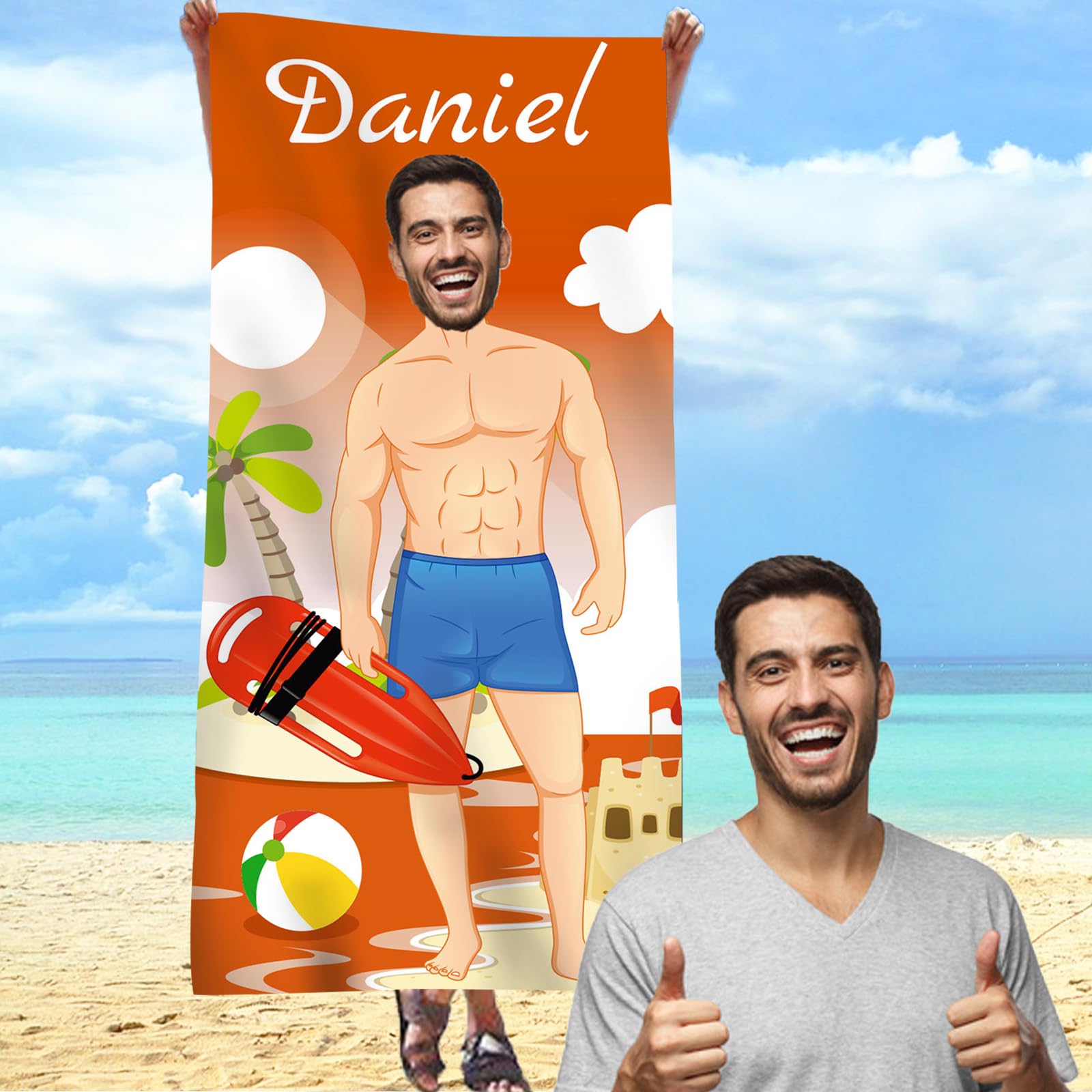 FAHOXUMR Personalised Beach Towel for Adults Kids, Microfiber Beach Towel with Name and Photo, Custom Towel Quick Dry Sand Free Beach Towel for Men Women 1-Sided Printing (70 * 35 inch-Orange)