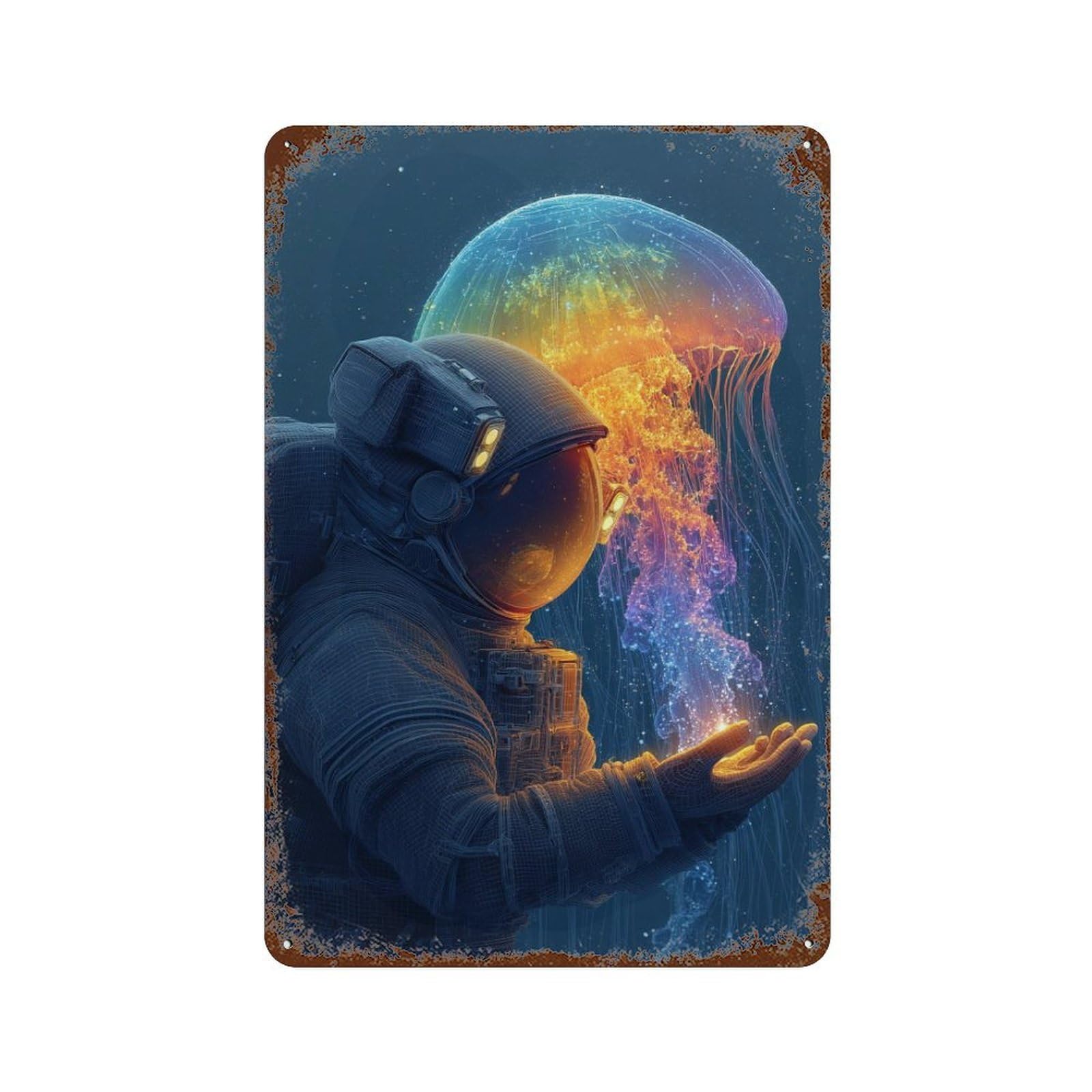 Space Jellyfish Encounter Rusty Metal Tin Sign 11.8"x7.9", for Shed, Workshop And Garage Wall Decor, Shabby Chic Decor
