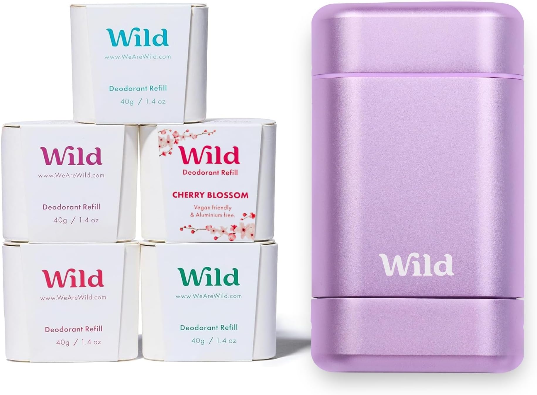 Wild - The Full Monty Starter Kit - Purple Case with Refills in a Variety of Fresh Scents 5 x 40g - Refillable Deodorant & Aluminium Free - Long Lasting Protection - Natural Ingredients