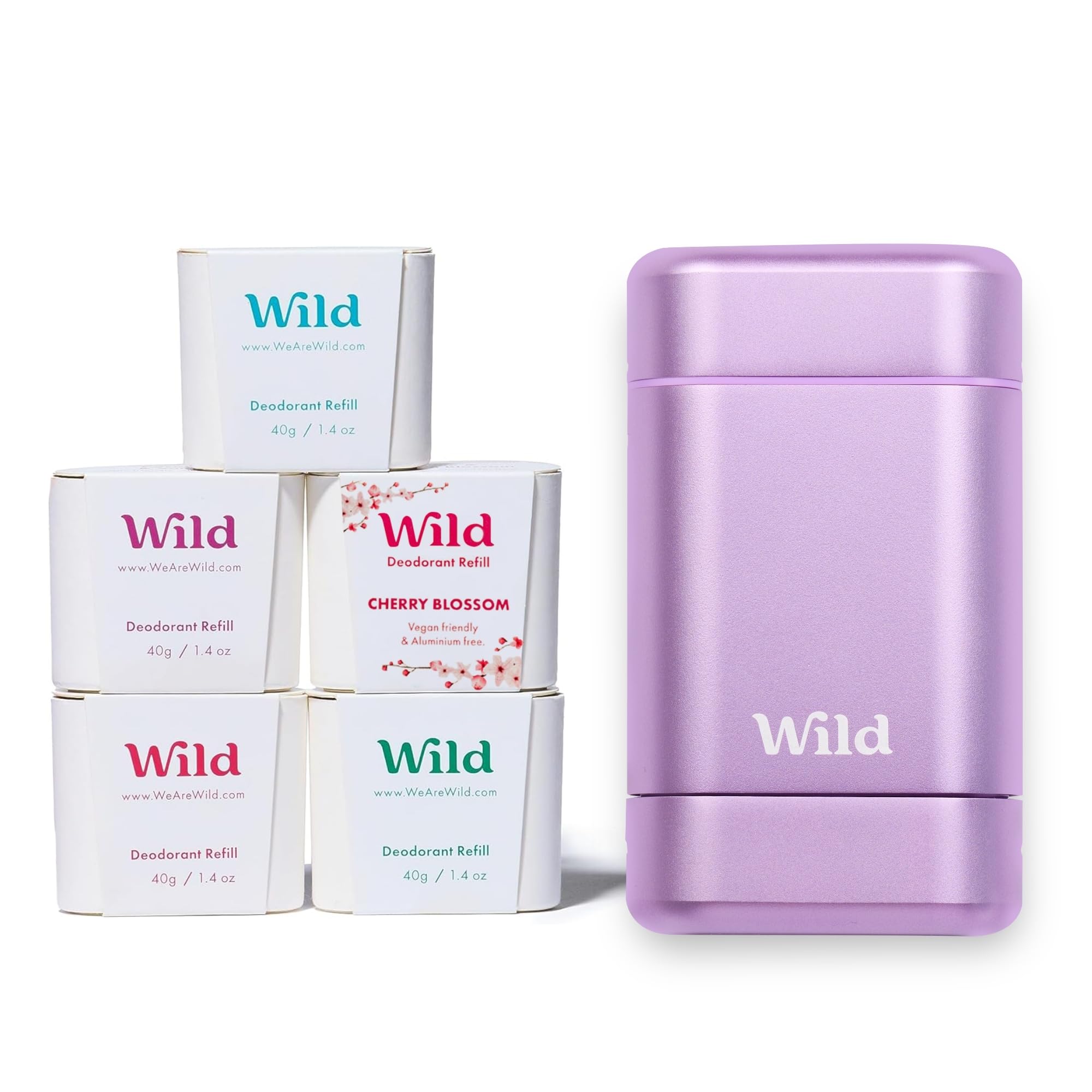 Wild - The Full Monty Starter Kit - Purple Case with Refills in a Variety of Fresh Scents 5 x 40g - Refillable Deodorant & Aluminium Free - Long Lasting Protection - Natural Ingredients