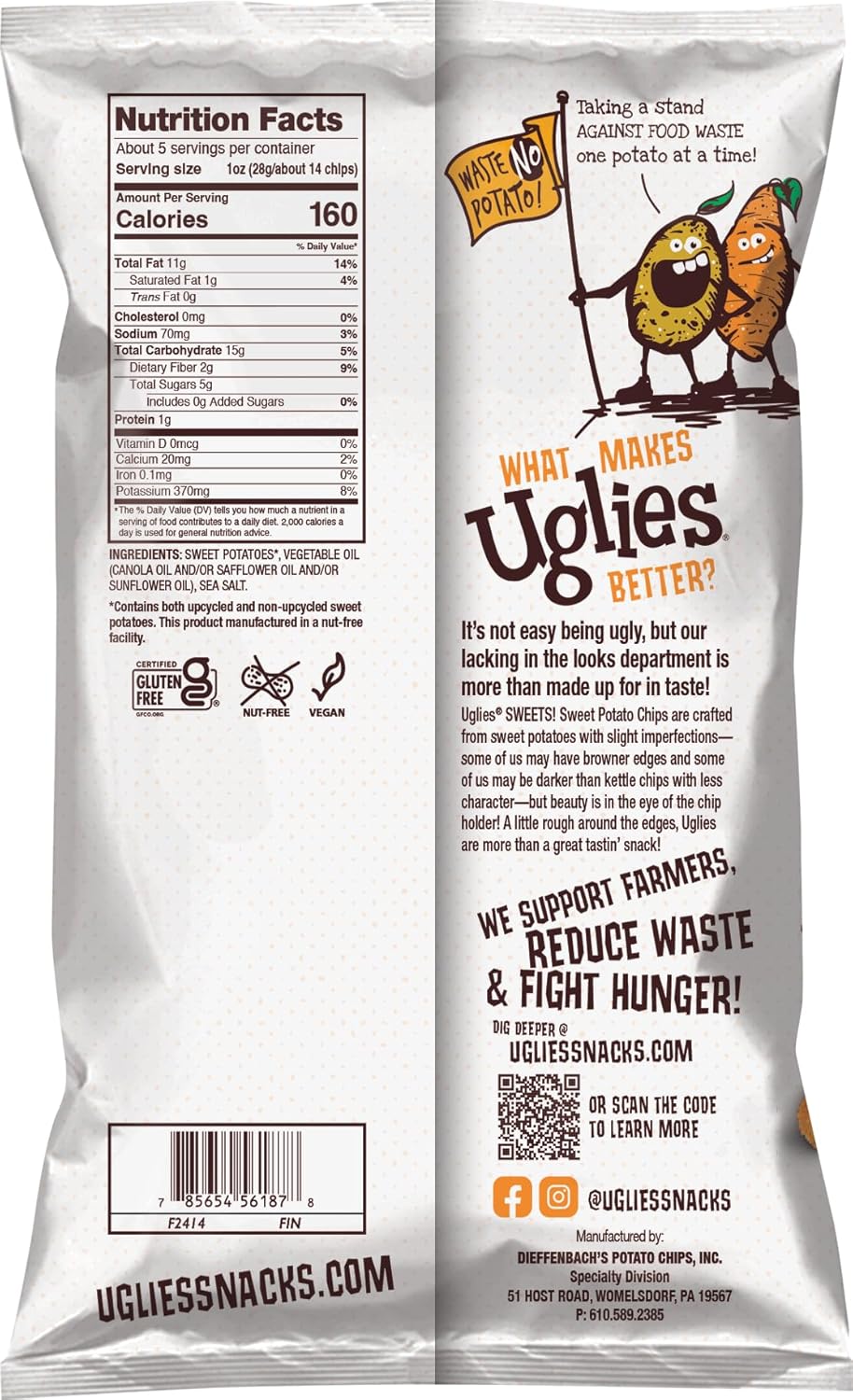 UGLIES Sweet Potato Kettle-Cooked Potato Chips, Gluten-Free Snacks, Kosher-Friendly Chips, Non-GMO Snacks for Kids or Office, Lunch Snacks, Individual Snack Packs, 5.5 Oz. Bags, Pack of 12