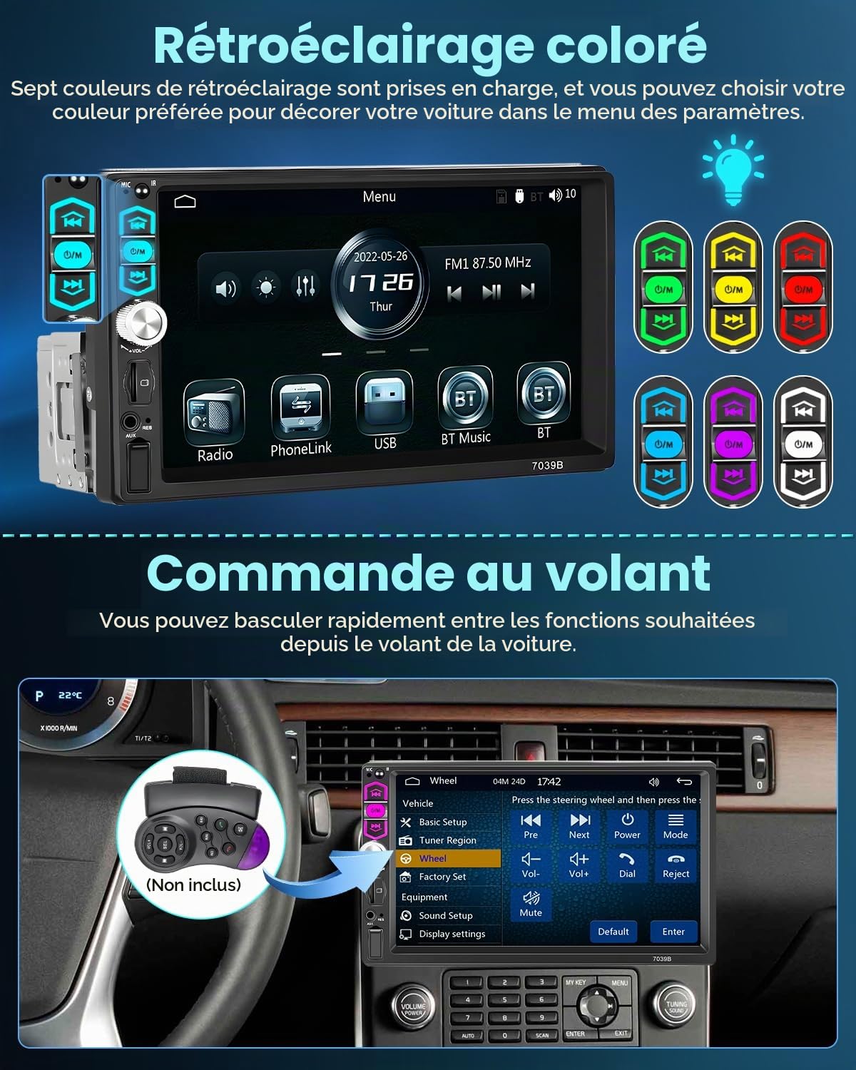 Autoradio 1 DIN 7" CarPlay Android Auto Bluetooth FM USB AUX