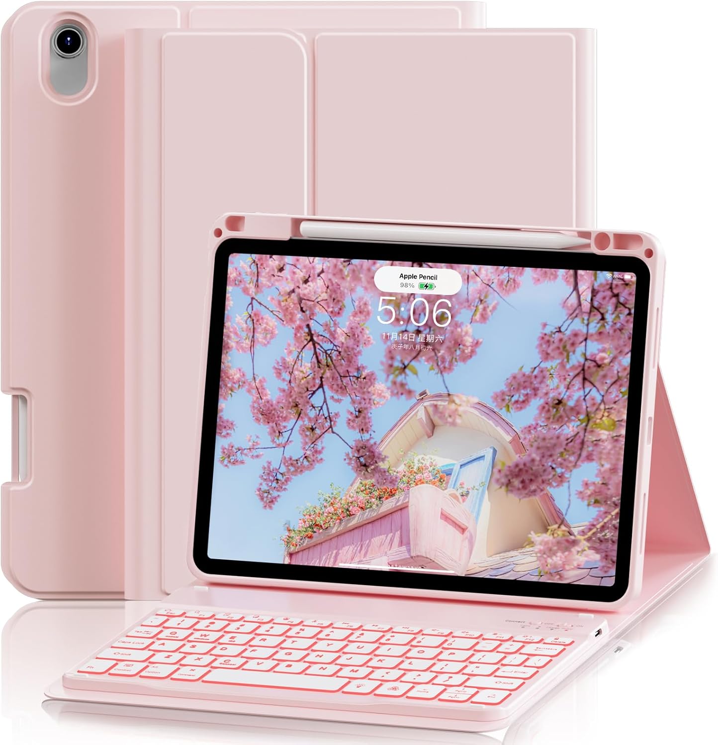 Case with Keyboard for iPad Air 11 inch M3/M2 2025/2024, iPad Air 5th/4th Generation 10.9 inch, 7 Colors Backlit Detachable Bluetooth Keyboard, Stand Folio Cover with Pencil Holder, Light Pink
