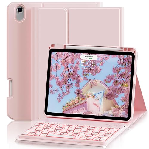 SQBEBS Case with Keyboard for iPad Air 11 inch M3/M2 2025/2024, iPad Air 5th/4th Generation 10.9 inch, 7 Colors Backlit Detachable Bluetooth Keyboard, Stand Folio Cover with Pencil Holder, Light Pink