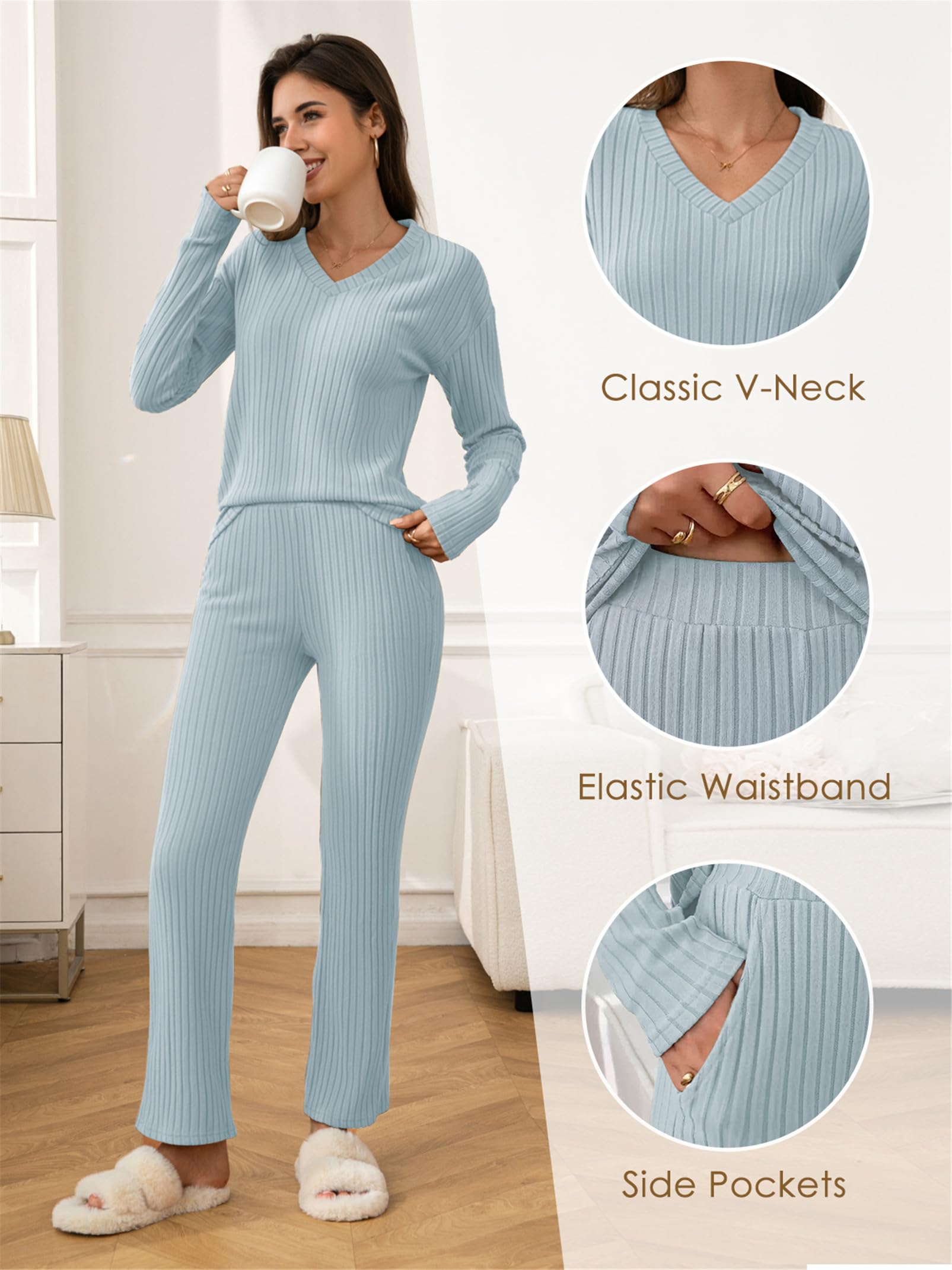Pigiama Donna 2 Pezzi Canelé Maglia Maniche Lunghe Pantaloni Larghi Tasche | Completo pigiama donna in tessuto canelé morbido e caldo ideale per casa e relax in inverno.