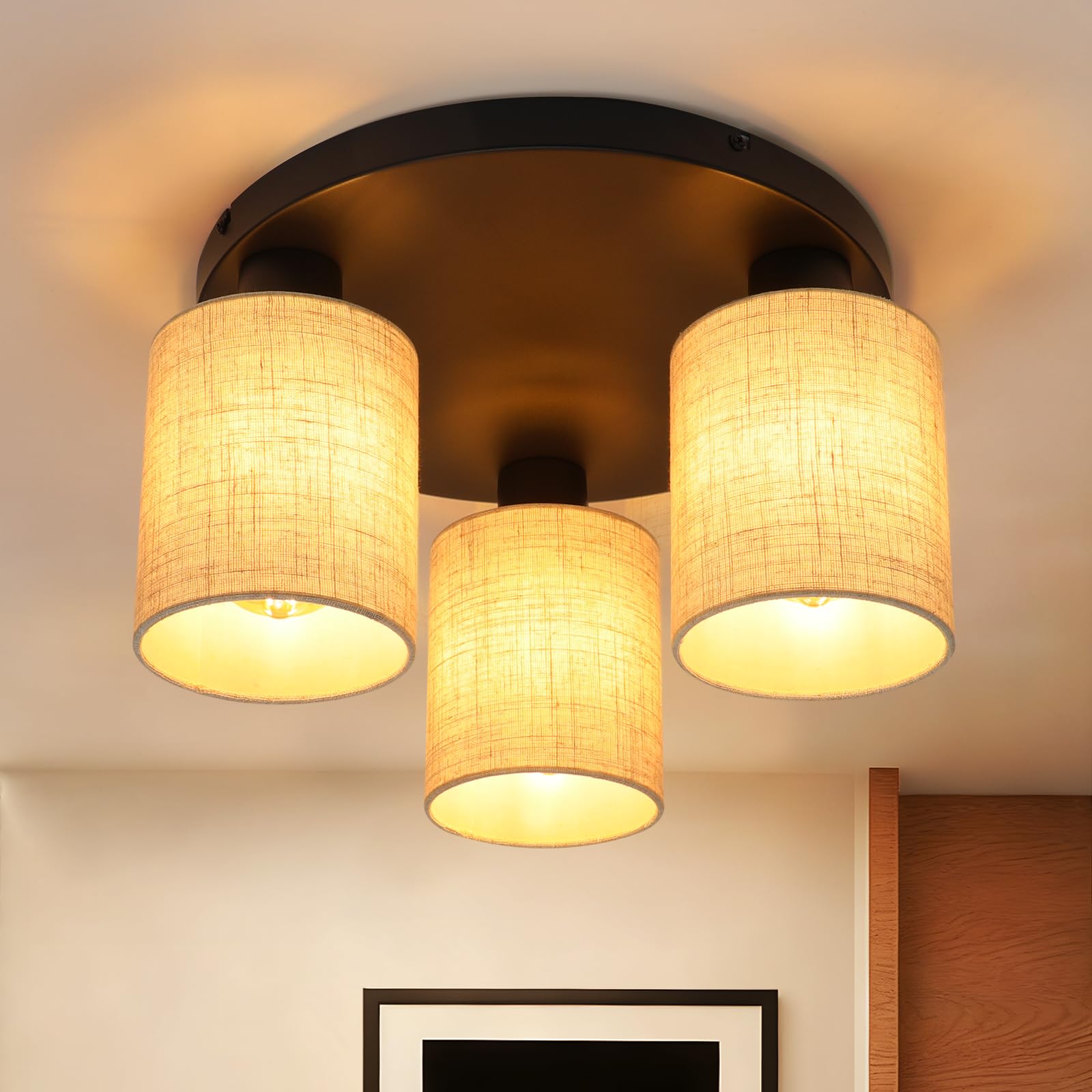 Glitzerlife Deckenlampe 3 Flammig Deckenleuchte Flur- Schlafzimmerlampe Vintage E27 Rund lampe Stoffschirm Schwarz Boho Retro Rustikal Wohnzimmer Küche Esszimmer Ohne Leuchtmittel