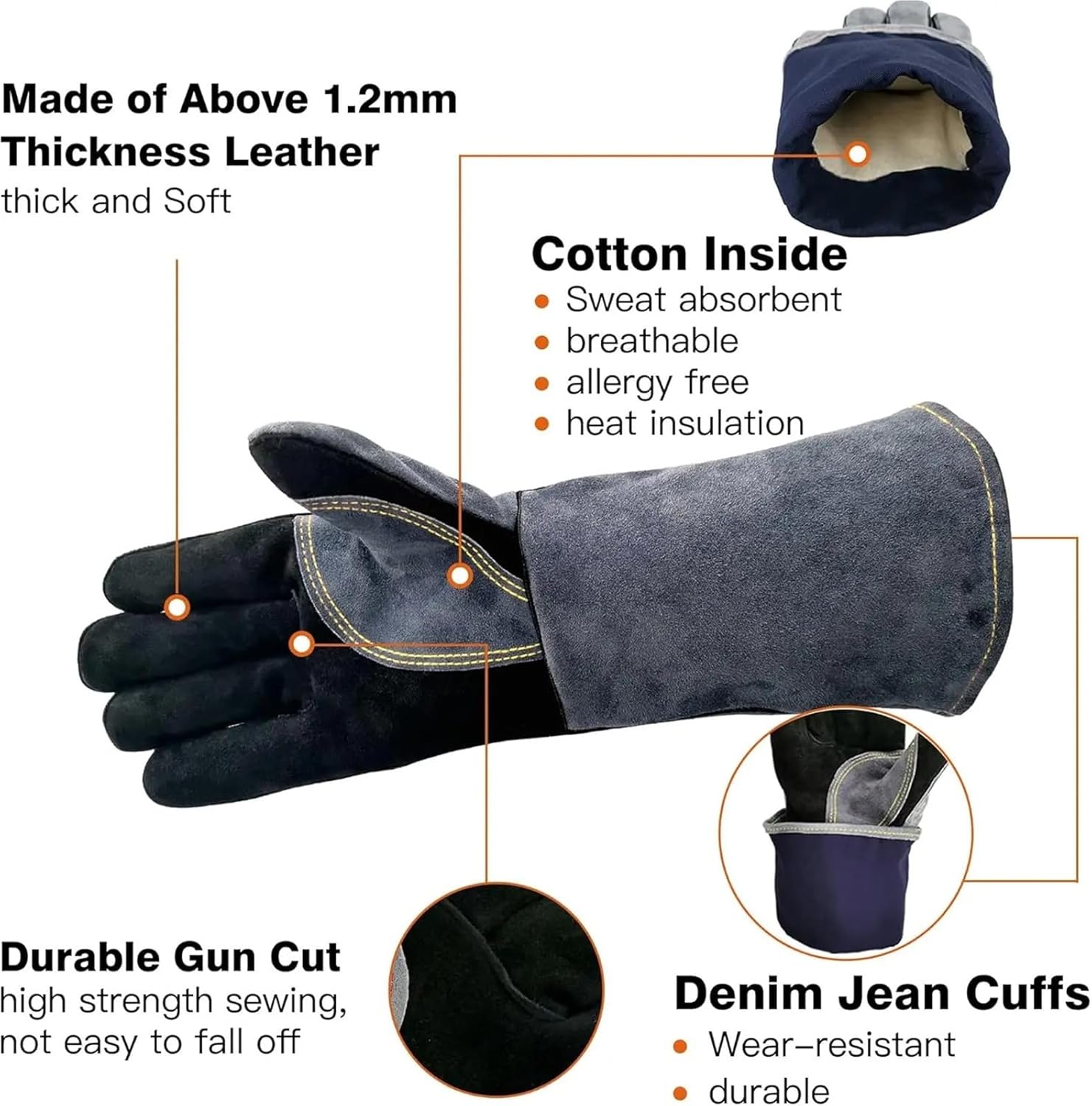 16 Inch Heat Leather Welding Gloves, Large Mitts for Grill Fireplace Forge Baking Furnace Stove Pot Holder
