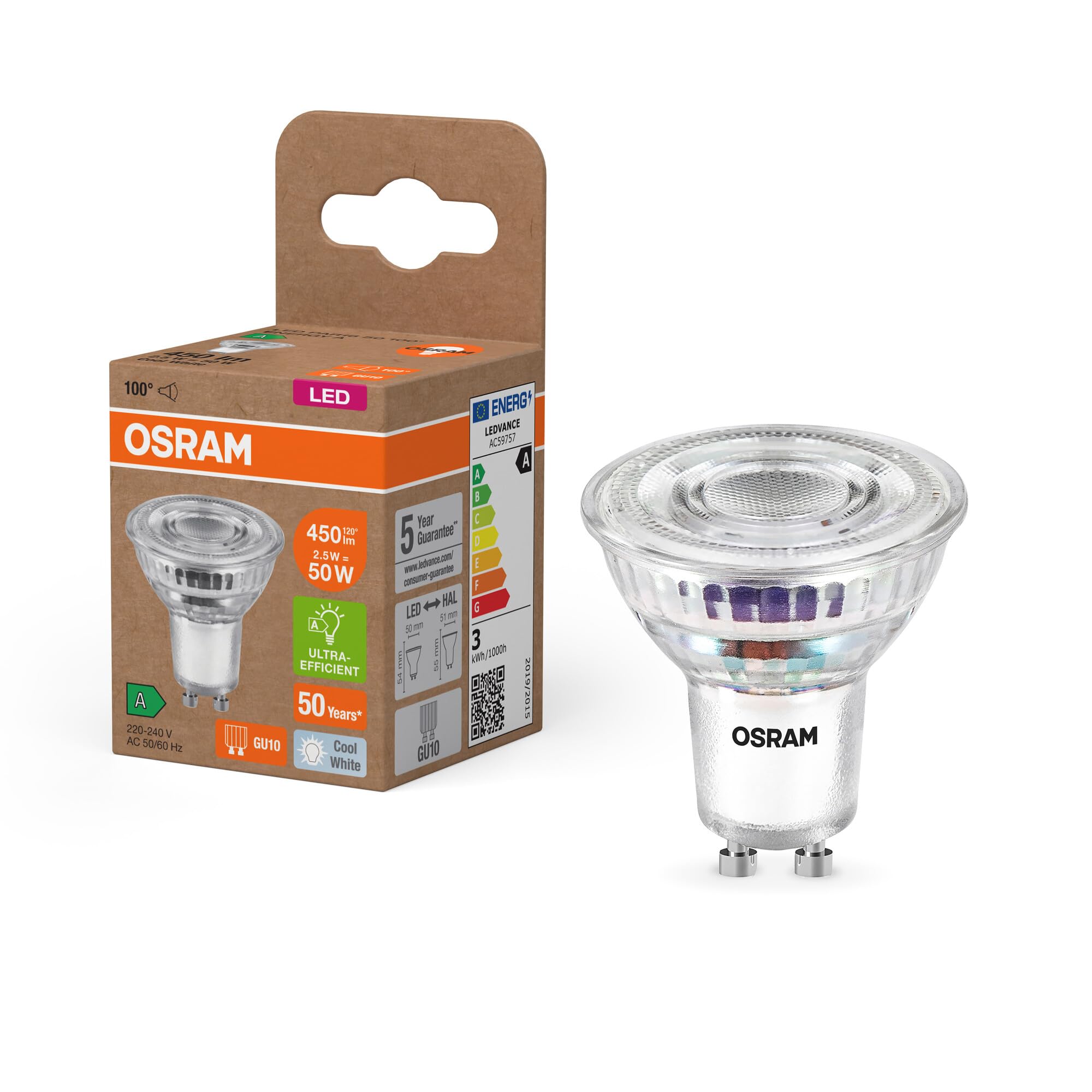 Osram Energy Class LED-Reflektor-Lampe PAR16 mit 2.5 W, 450 lm, kaltweiß (4000 K) aus bleifreiem Glas mit GU10 Sockel in der Energieeffizienzklasse A, 50 mm Durchmesser, IP20.