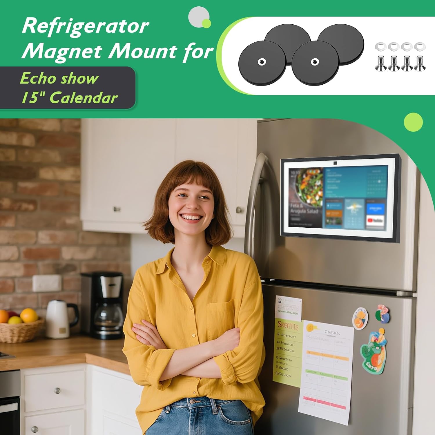 Magnetic Mount for Echo Show 15-Inch | No-Punch Easy to Assemble | Rubber Coated Scratch-Free| Powerful Magnetic Fridge Mount | Accessories for Echo Show 15