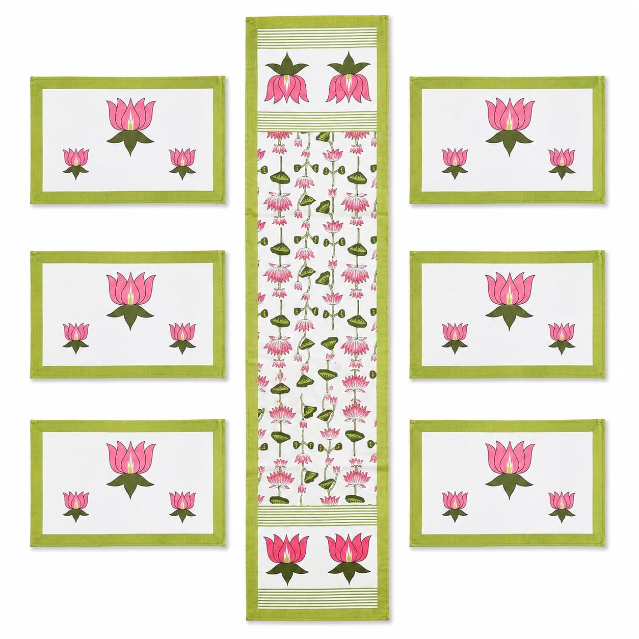 Hand Block Printed Cotton Table Runner and 6 Placemats Set | Lotus Floral Design | Dining Table Decor for Home, Kitchen, Dining Room, Festivals & Special Occasions (Green)-image-2